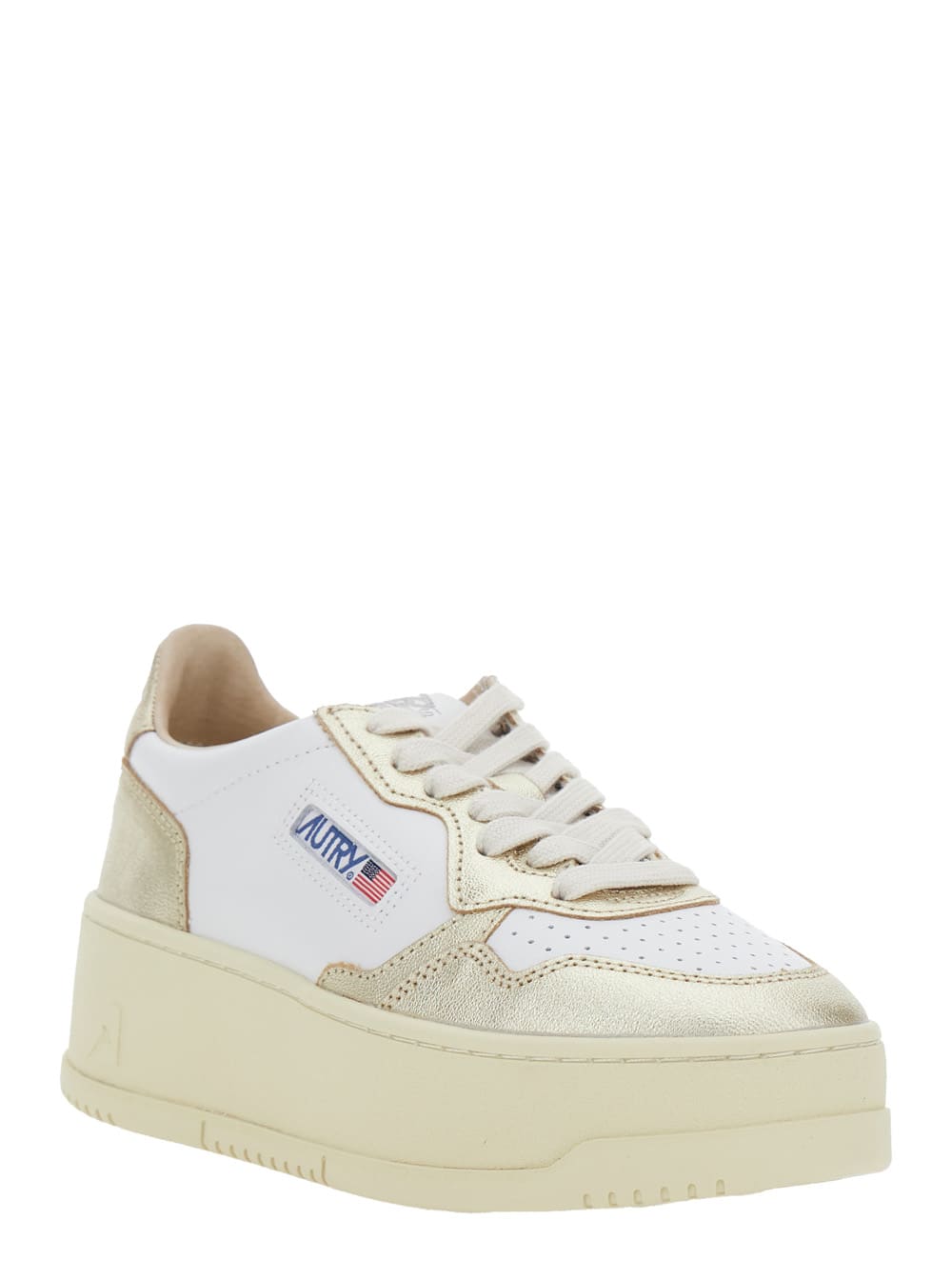 Autry Low Top Leather Sneakers With Metallic Panels In White