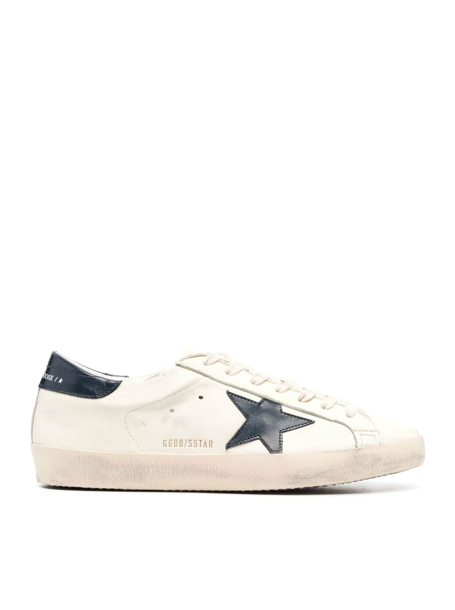 Golden Goose Super-star Nappa Upper Shiny Leather Star And Heel In Beige Night Blue