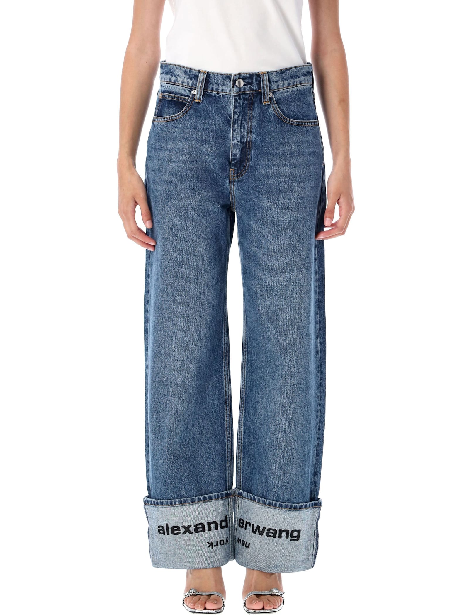 Alexander Wang Indigo Logo-embroidered Mid-rise Jeans In Blue