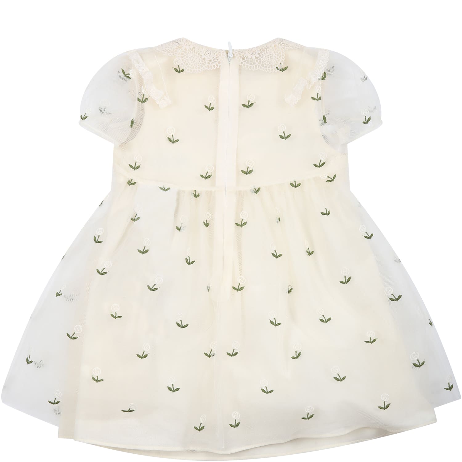 Shop Gucci Ivory Dress For Baby Girl With All-over Embroidered Flowers And Logo Gg
