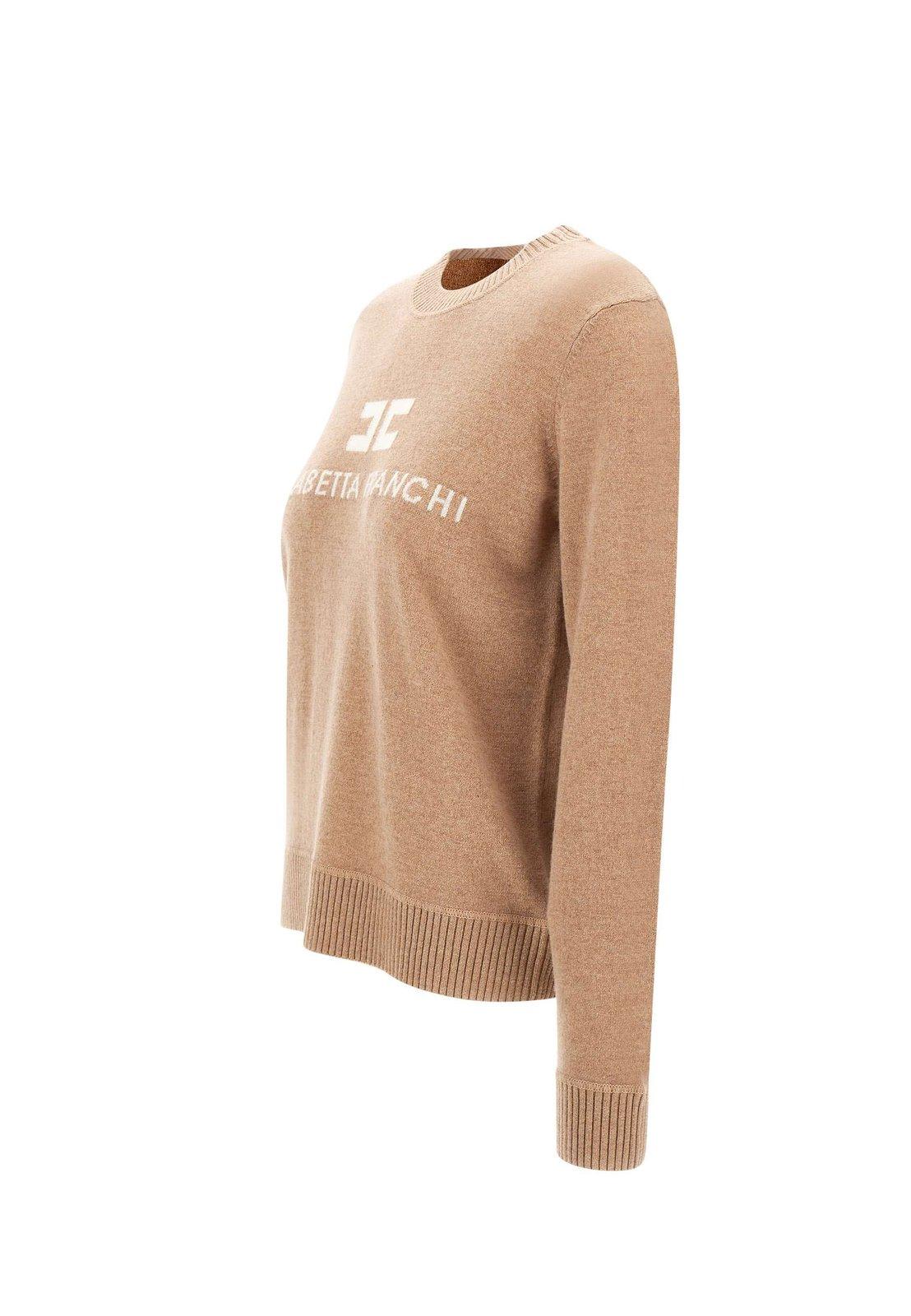 Shop Elisabetta Franchi Logo Embroidered Crewneck Jumper In Cammello-avorio