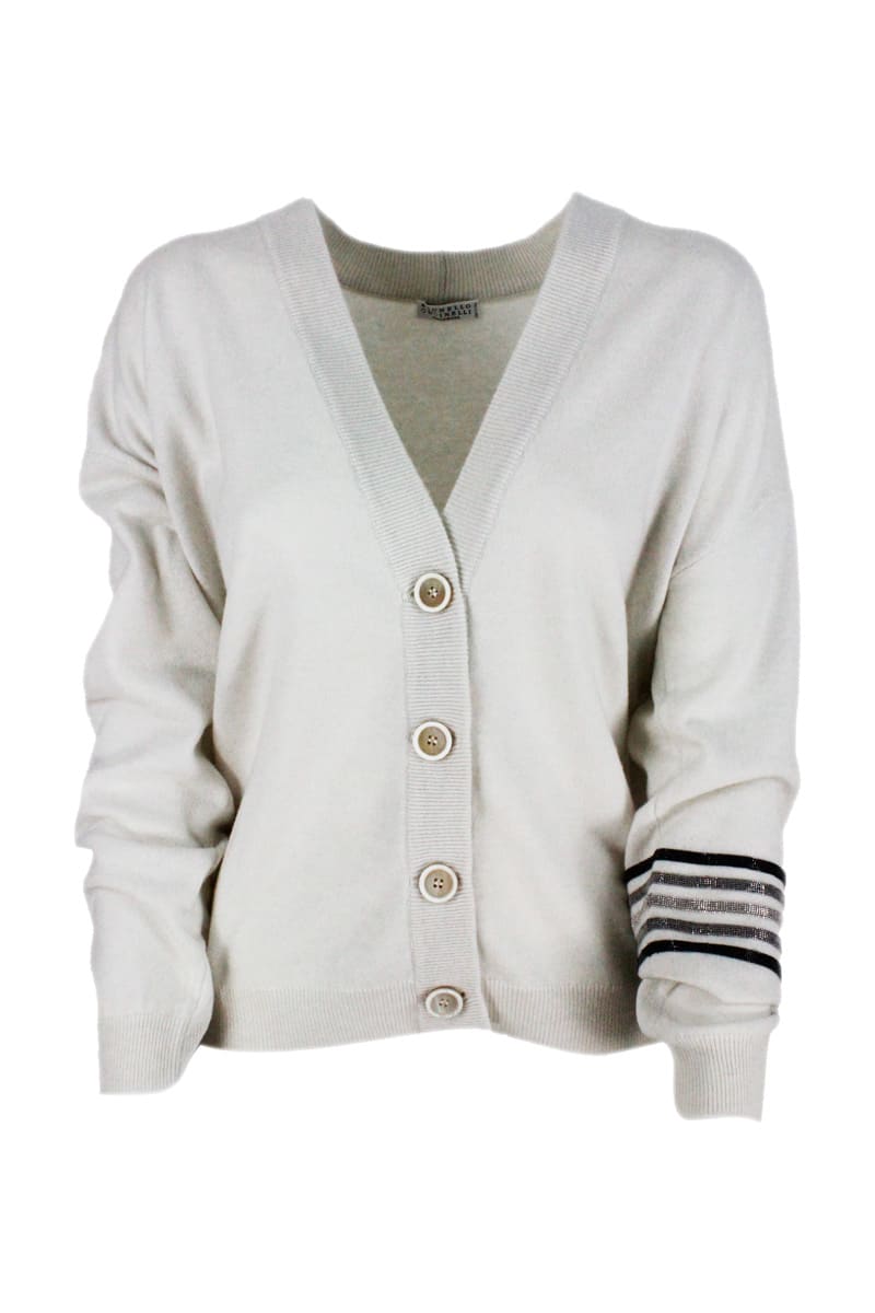 Brunello Cucinelli Cardigan Sweater With Cashmere Buttons With Rows Of Jewels On The Arm