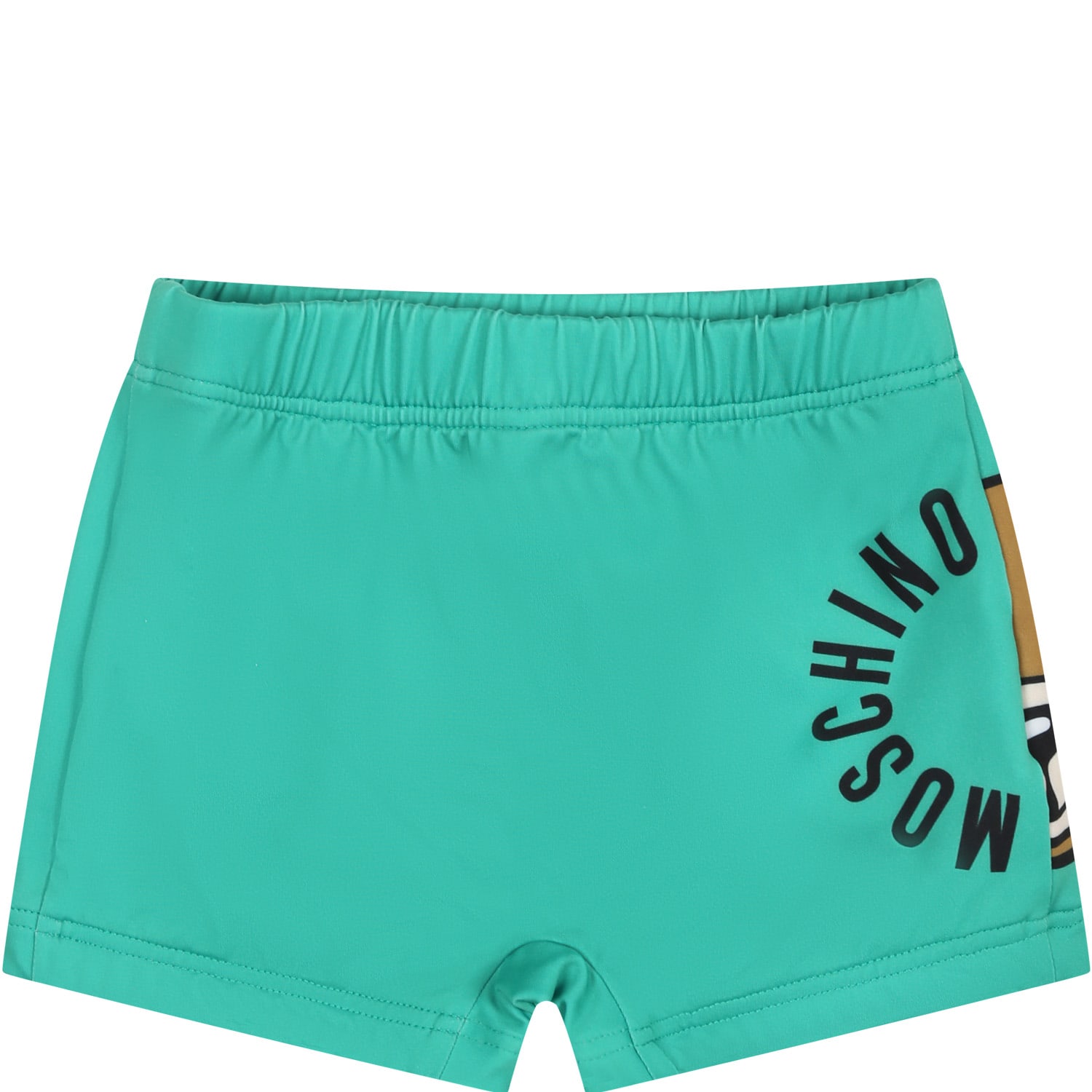 Moschino Green Swim Shorts For Baby Boy With Teddy Bear And Logo