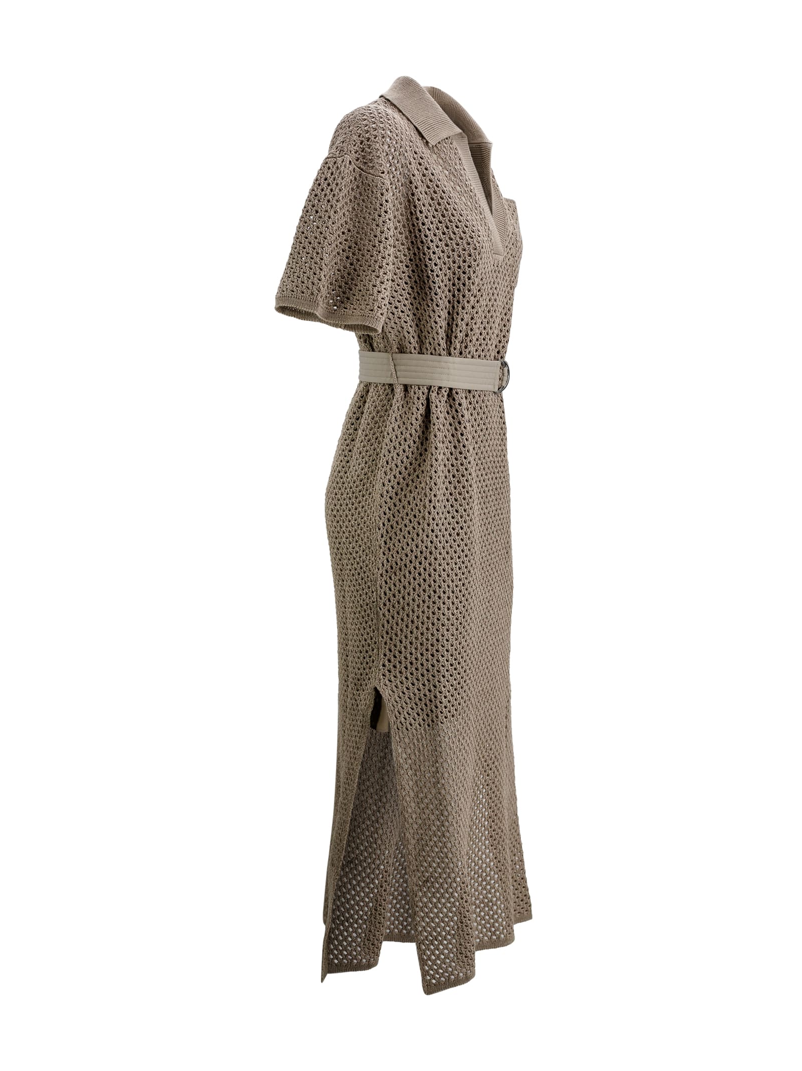 Shop Brunello Cucinelli Crochet-knit Cotton Midi Dress In Nutshell