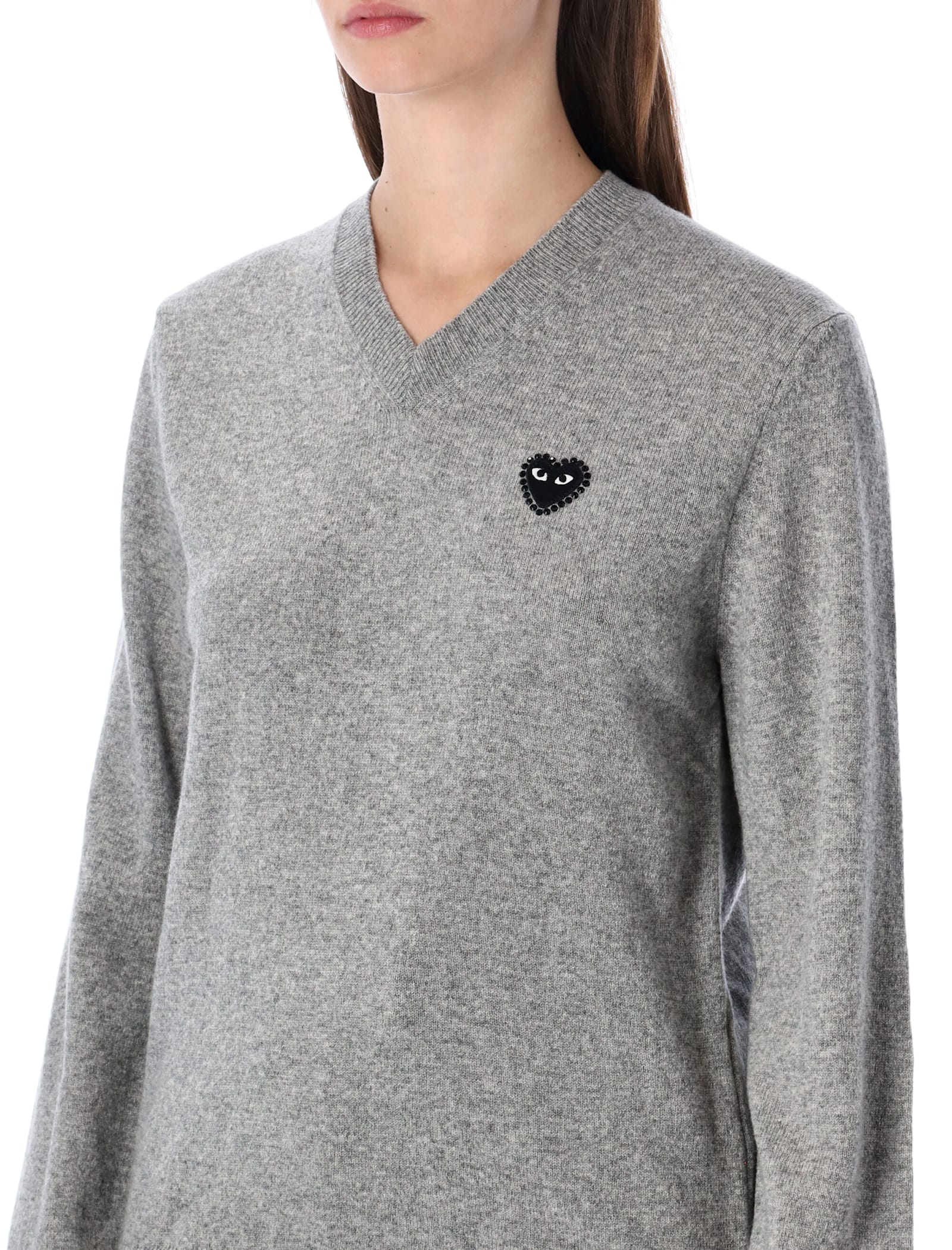 Comme Des Garçons Play Wool V-neck Sweater With Black Heart And Crystals In Gray