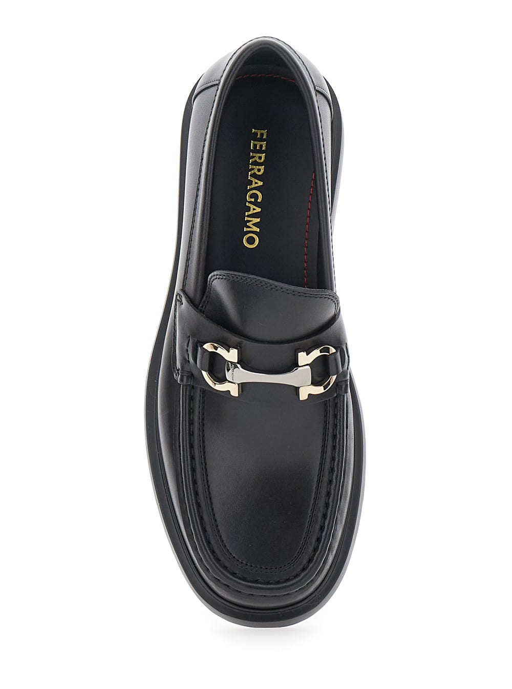 Ferragamo Black Leather Loafers With Gancini Ornament In Black