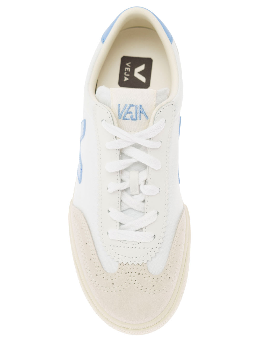 Shop Veja Volley White And Light Blue Low Top Sneakers With V Patch In Bio Cotton Woman
