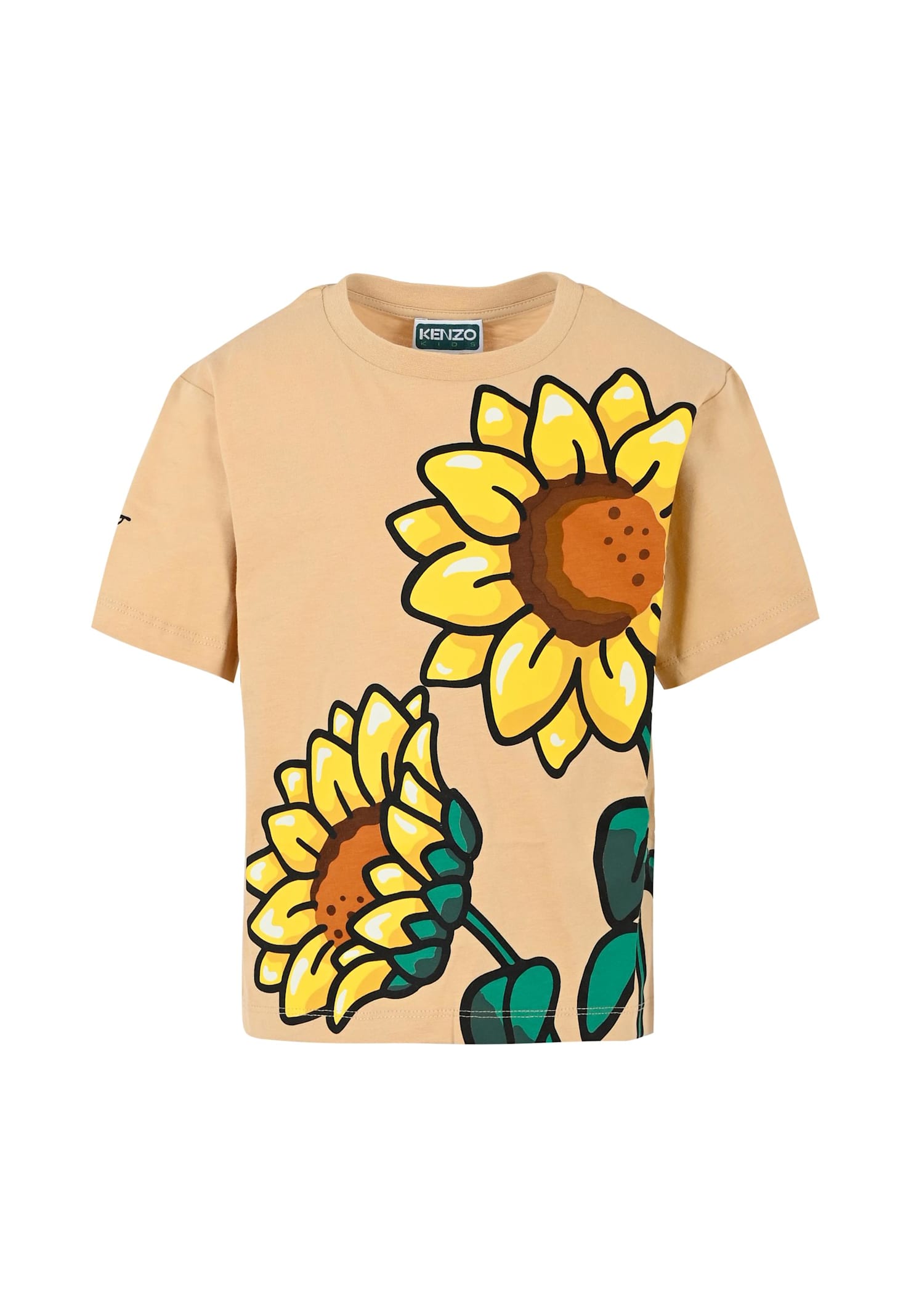 Kenzo Kids' Beige T-shirt For Girl With Sunflower In Nude