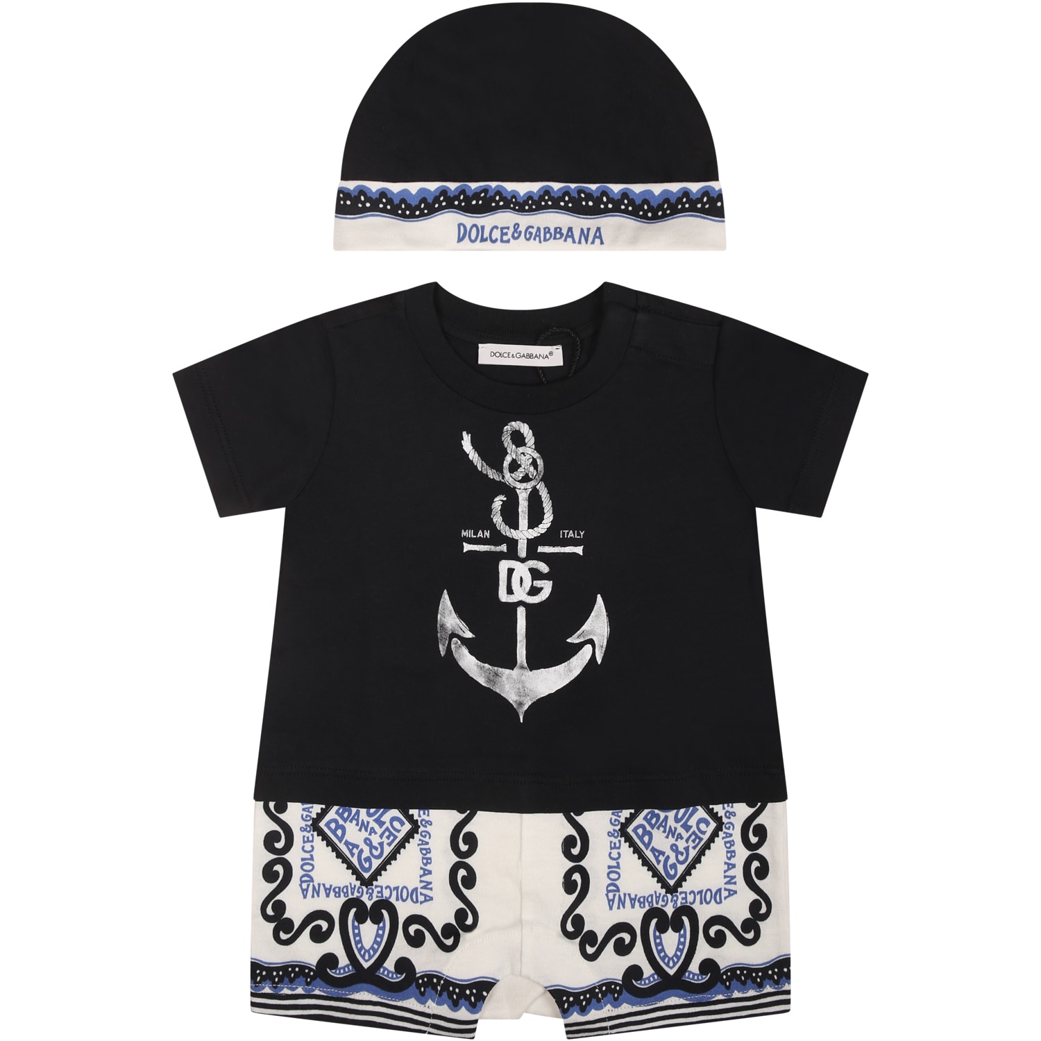 Dolce & Gabbana Blue Set For Baby Boy With Bandana Print In Black