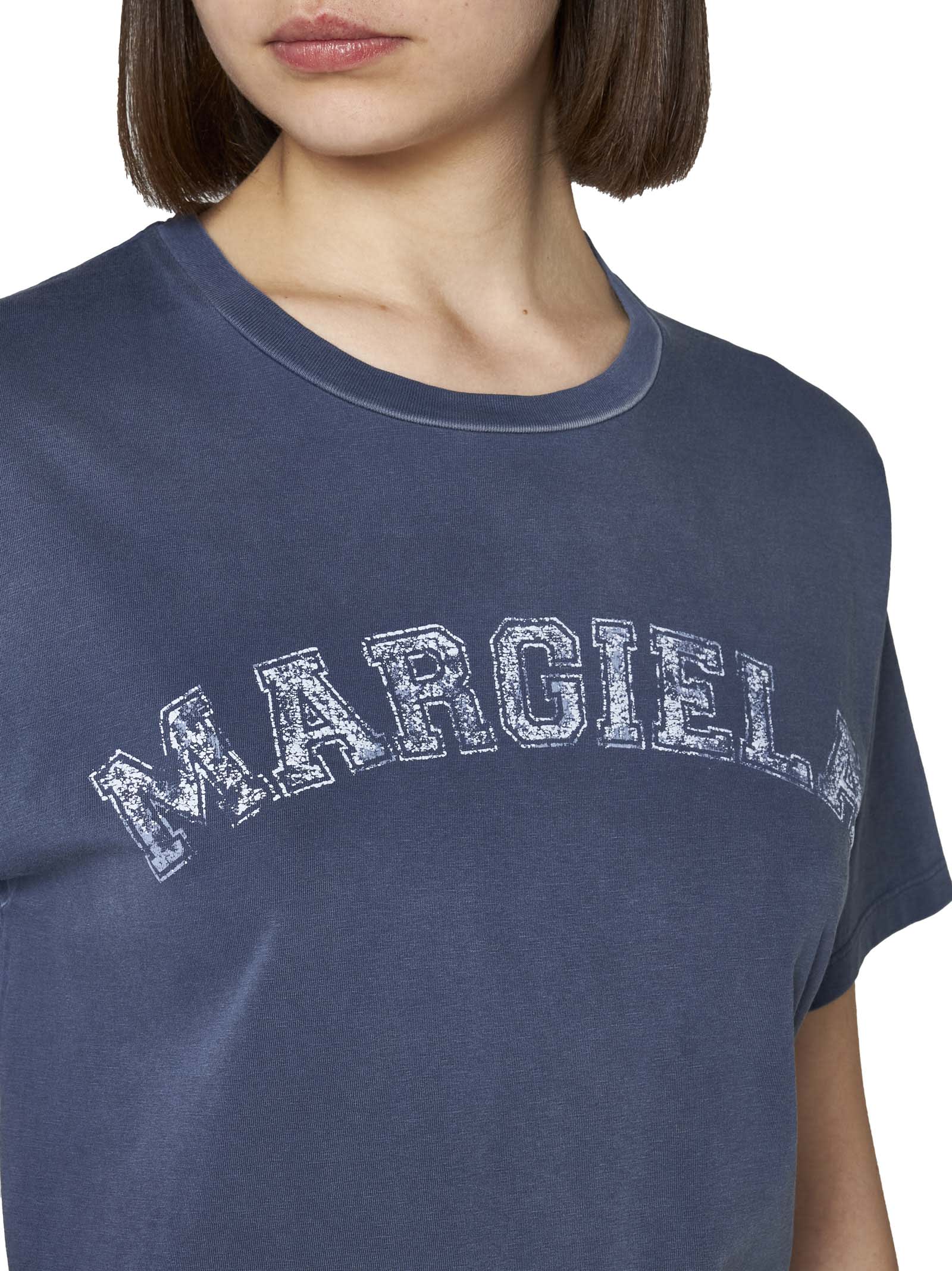 Maison Margiela Blue Crewneck T-shirt With Logo Lettering Print In Cotton Woman In 469