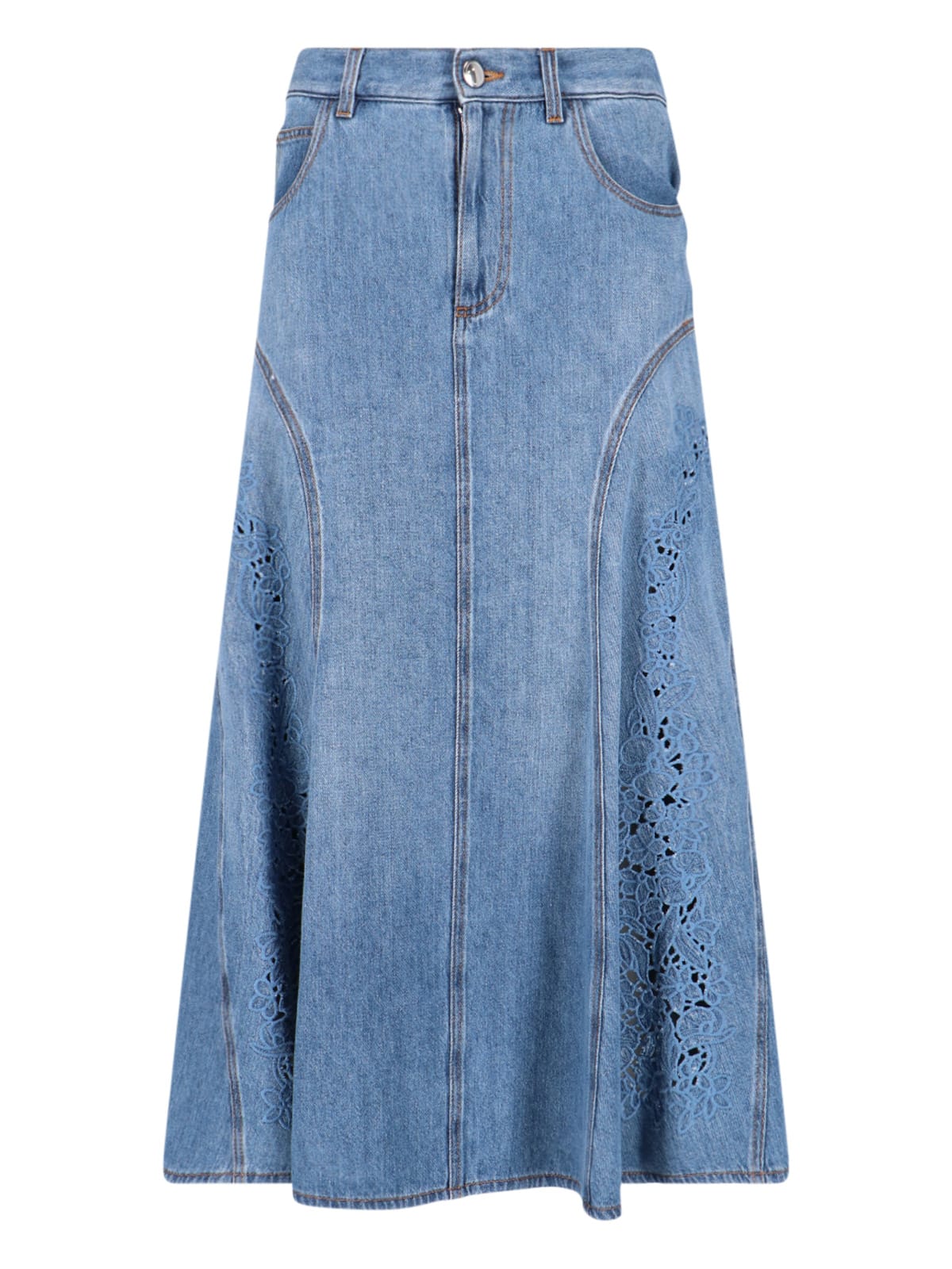 Shop Chloé Embroidery Midi Skirt In Blue