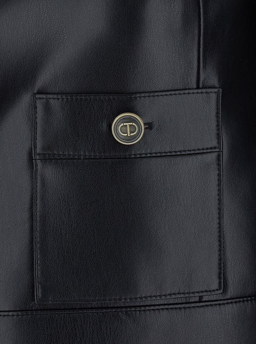 TWINSET BLACK CREWNECK JACKET WITH LOGO BUTTONS IN LEATHER WOMAN