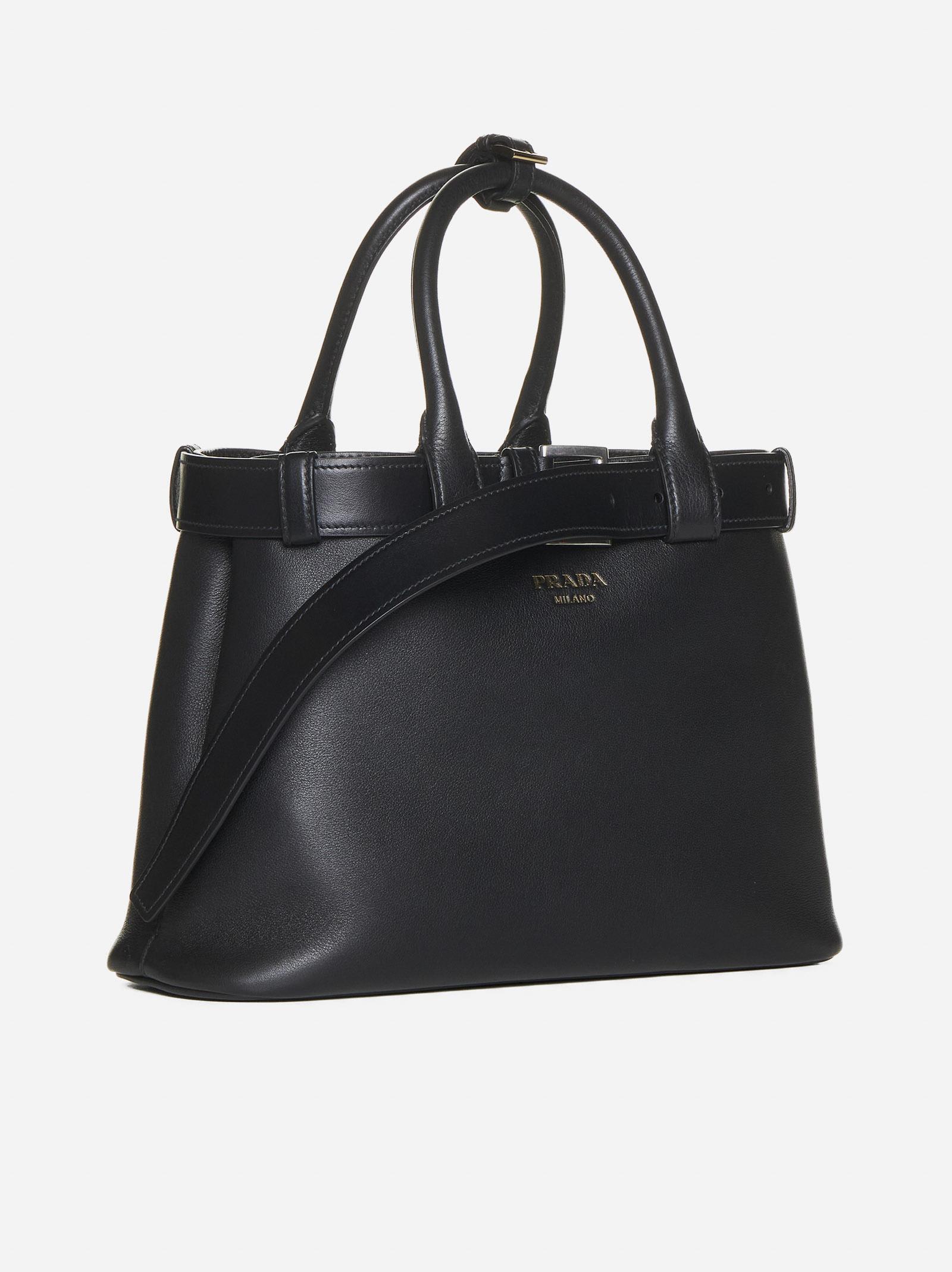 Shop Prada Buckle Leather Medium Tote Bag