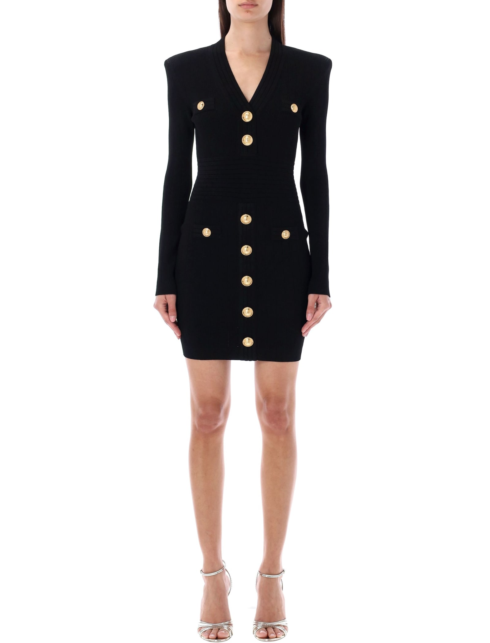 Shop Balmain Knitted Dress With Buttons In Black