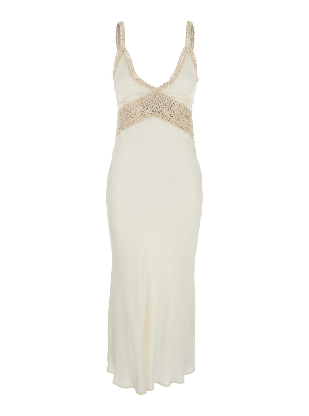 jacinta White Long Dress With Thin Straps And Crochet Inserts In Silk And Acetate Blend Woman