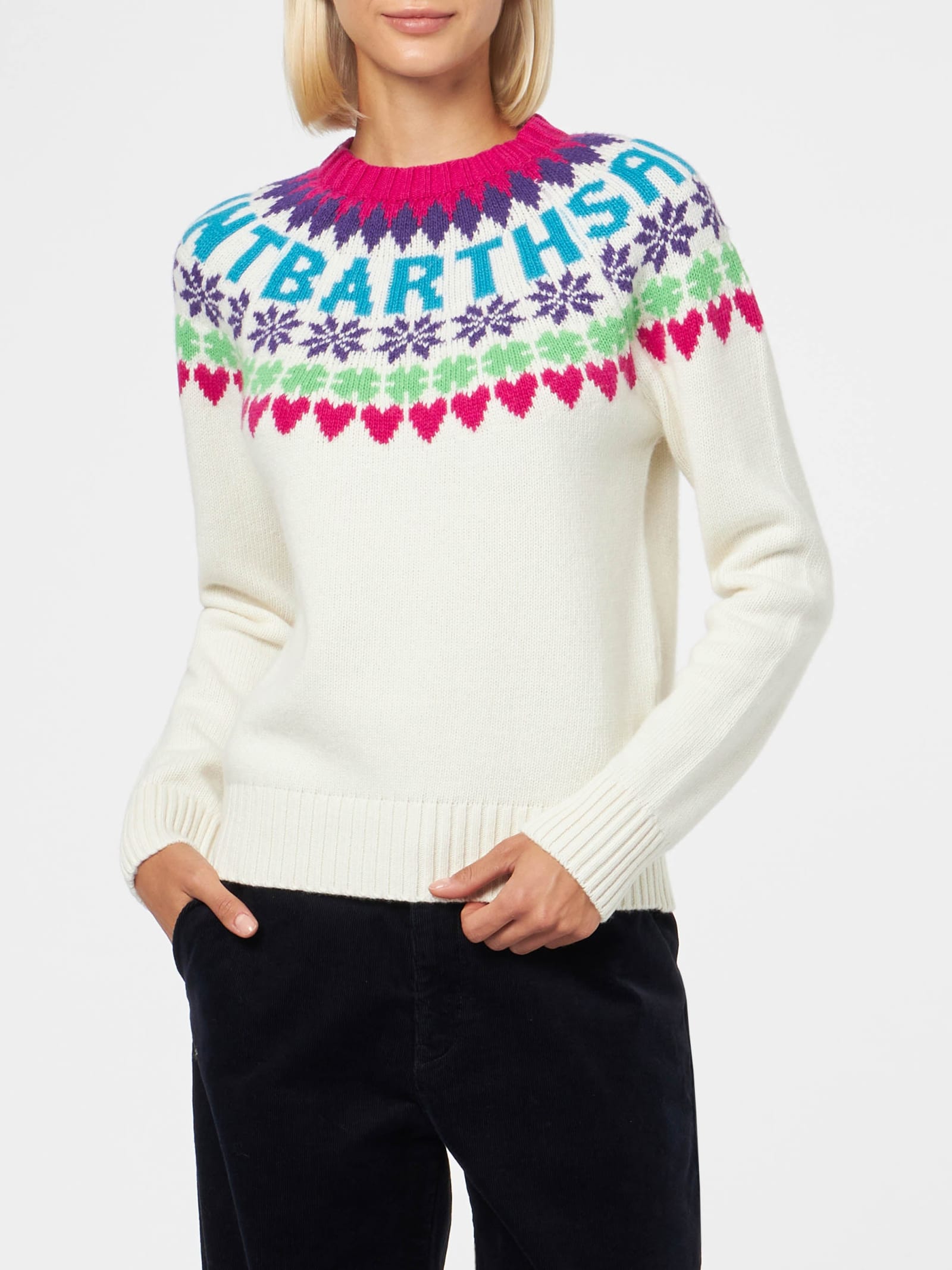 Shop Mc2 Saint Barth Woman Crewneck White Sweater With Fair Isle Heart Print