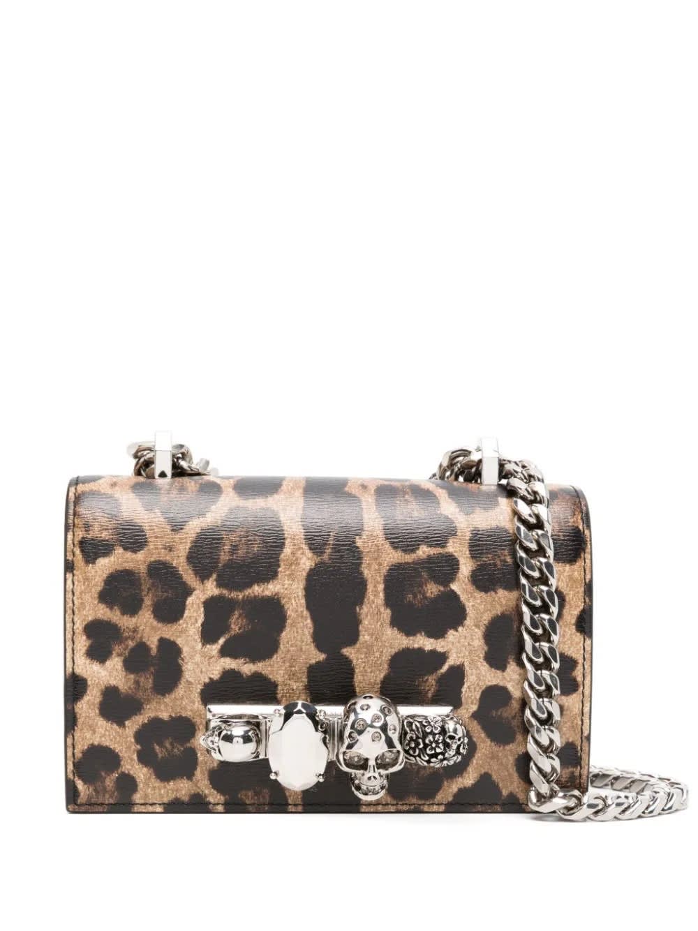 Shop Alexander Mcqueen Mini Jewelled Satchel Bag With Leopard Print In Brown