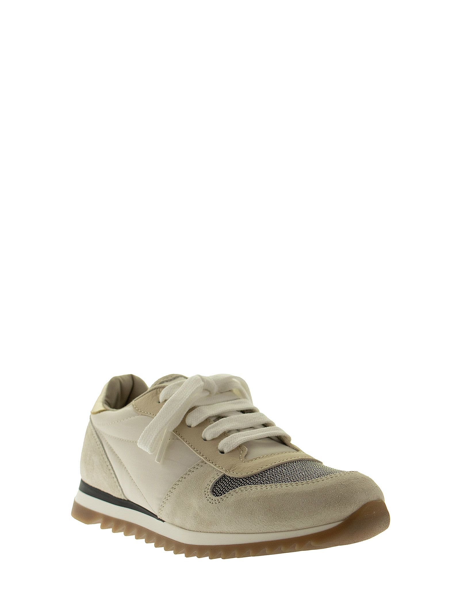 Shop Brunello Cucinelli Suede And Rip-stop Runners With Monili In Light Grey