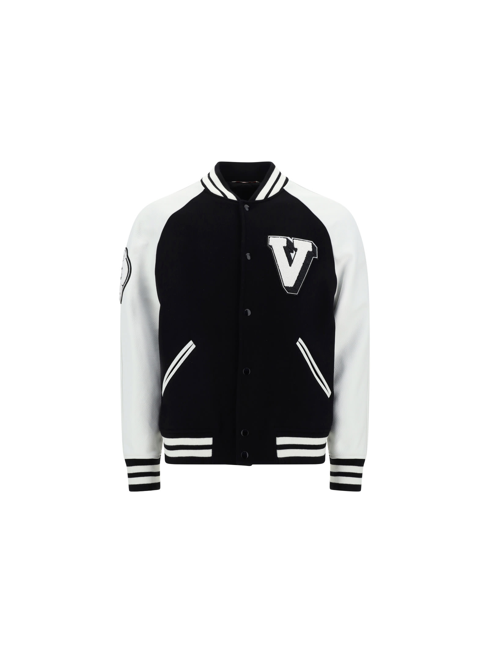Valentino Logo-patch Leather Sleeve Bomber Jacket In Black