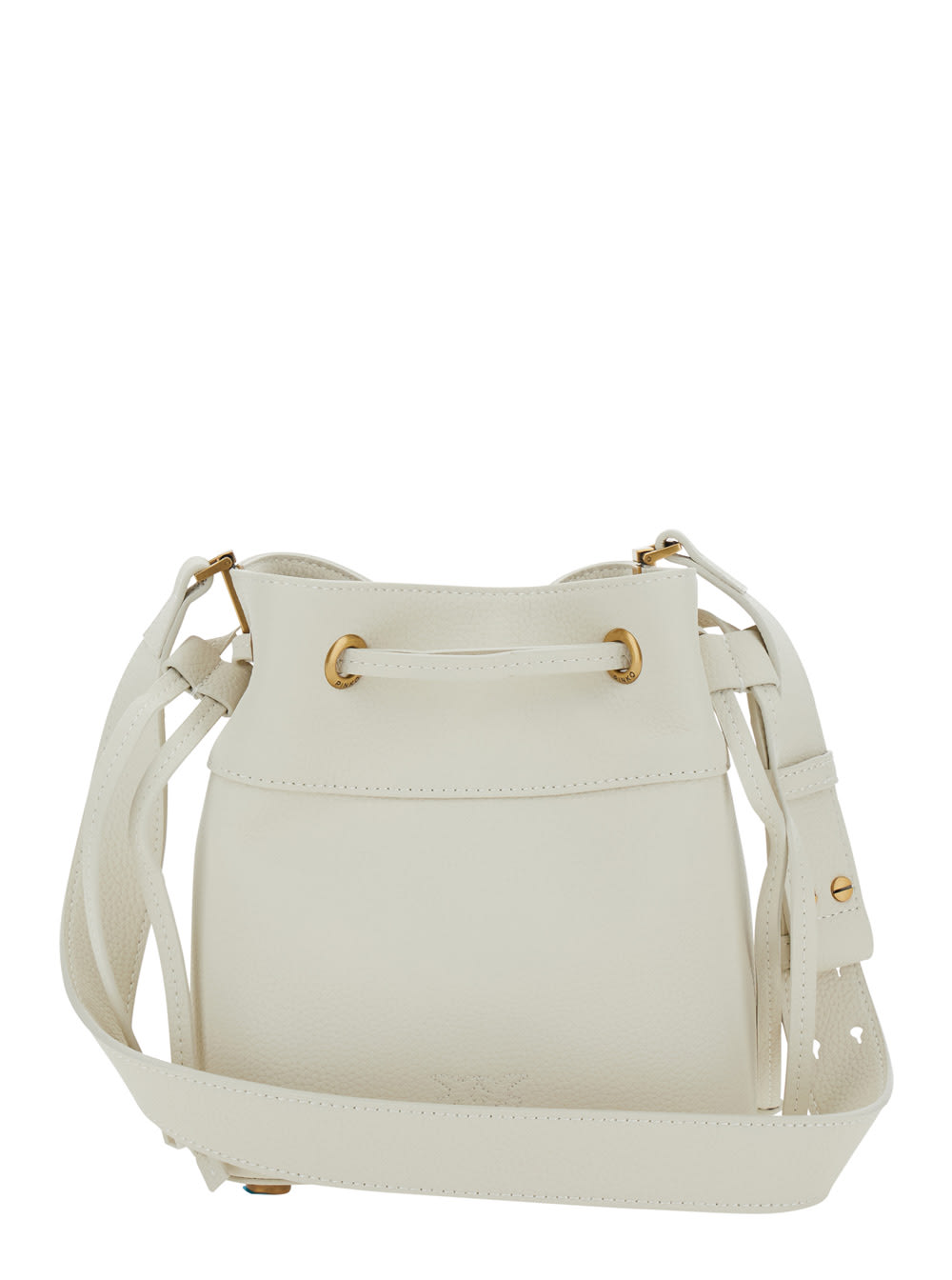 Pinko White Mini Bucket Bag With Metallic Love Birds Logo On The Front In Hammered Leather Woman In Bianco Seta-antique Gold