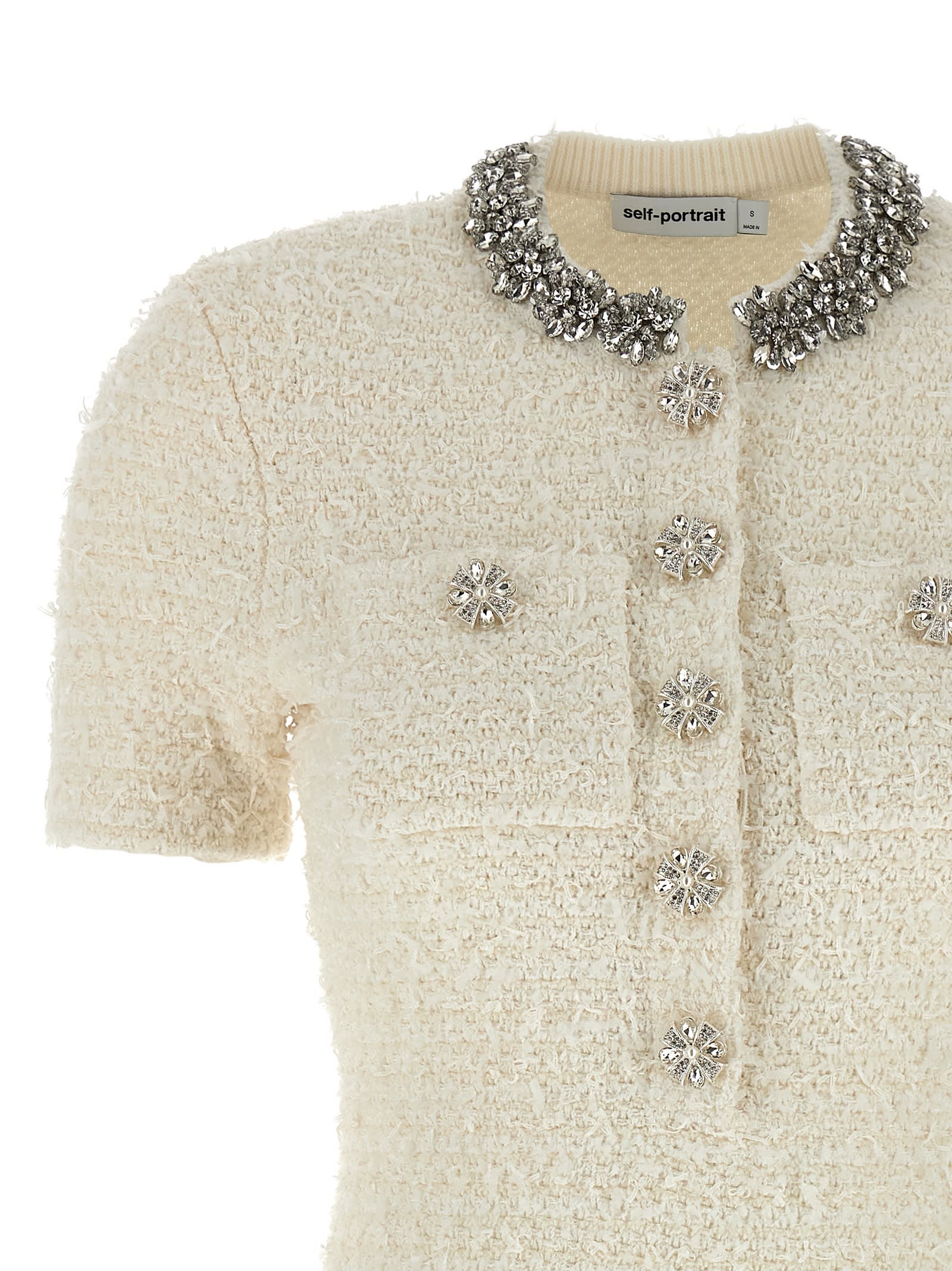 Self-portrait Mini Dress With Knit Tweed Texture And Crystal Accents In Neutral