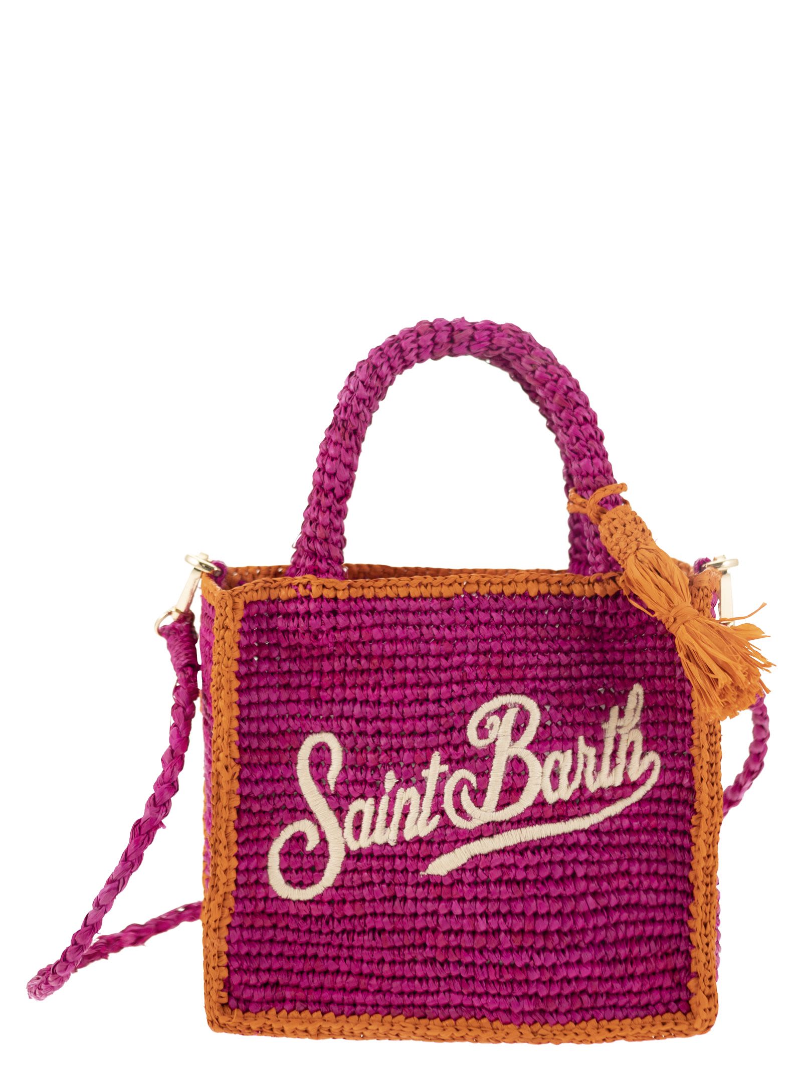 Shop Mc2 Saint Barth Vanity - Mini Raffia Bag With Embroidery In Fuchsia