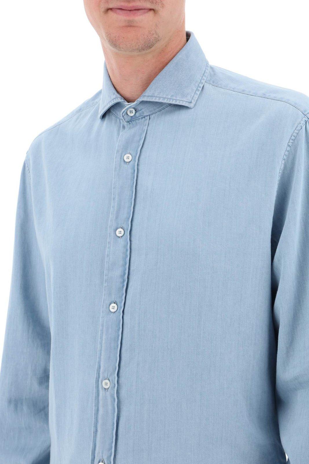 Shop Brunello Cucinelli Buttoned Long-sleeved Shirt In Denim