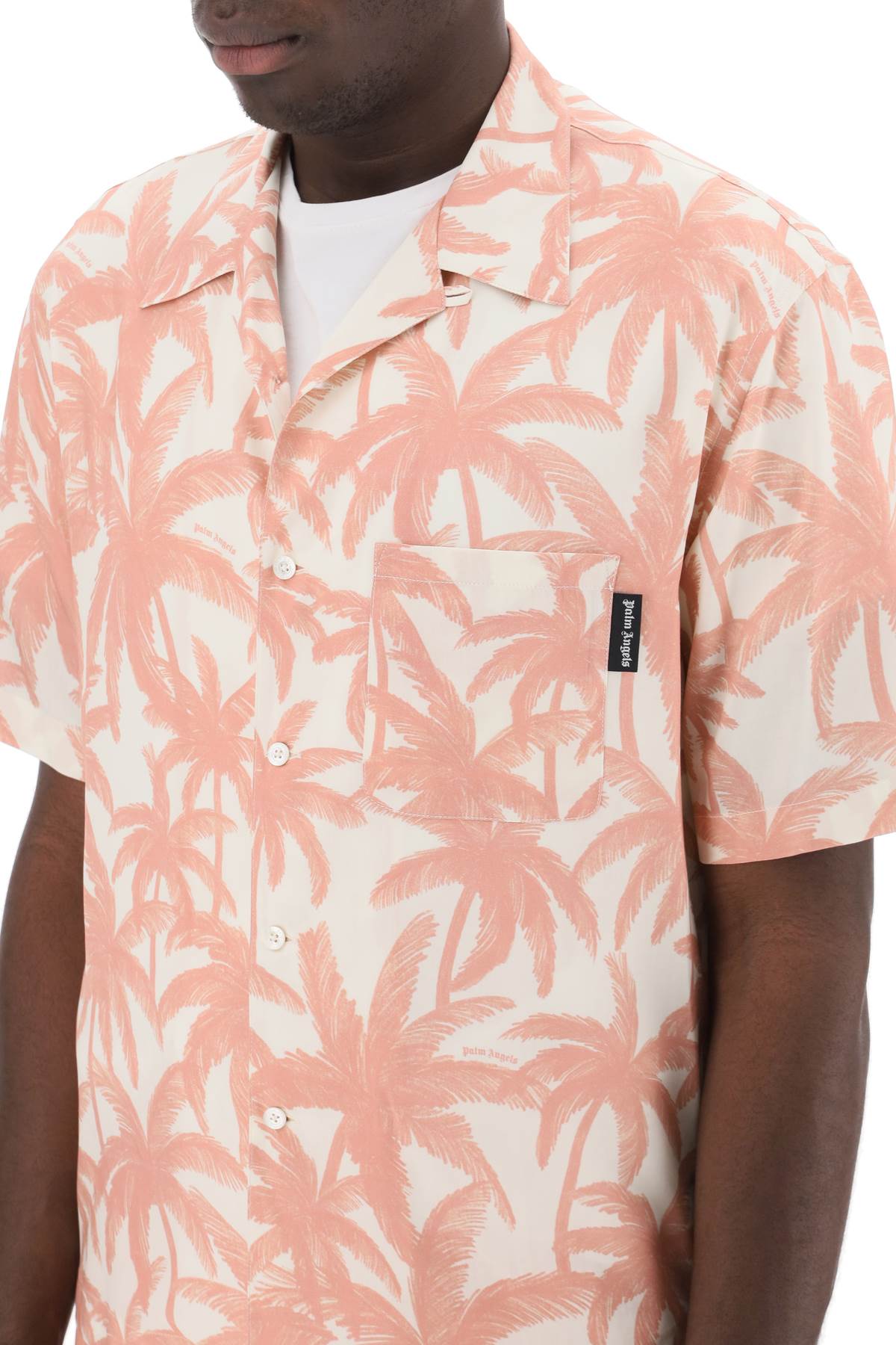 Shop Palm Angels Bowling Shirt With Palms Motif In Off-white/pink