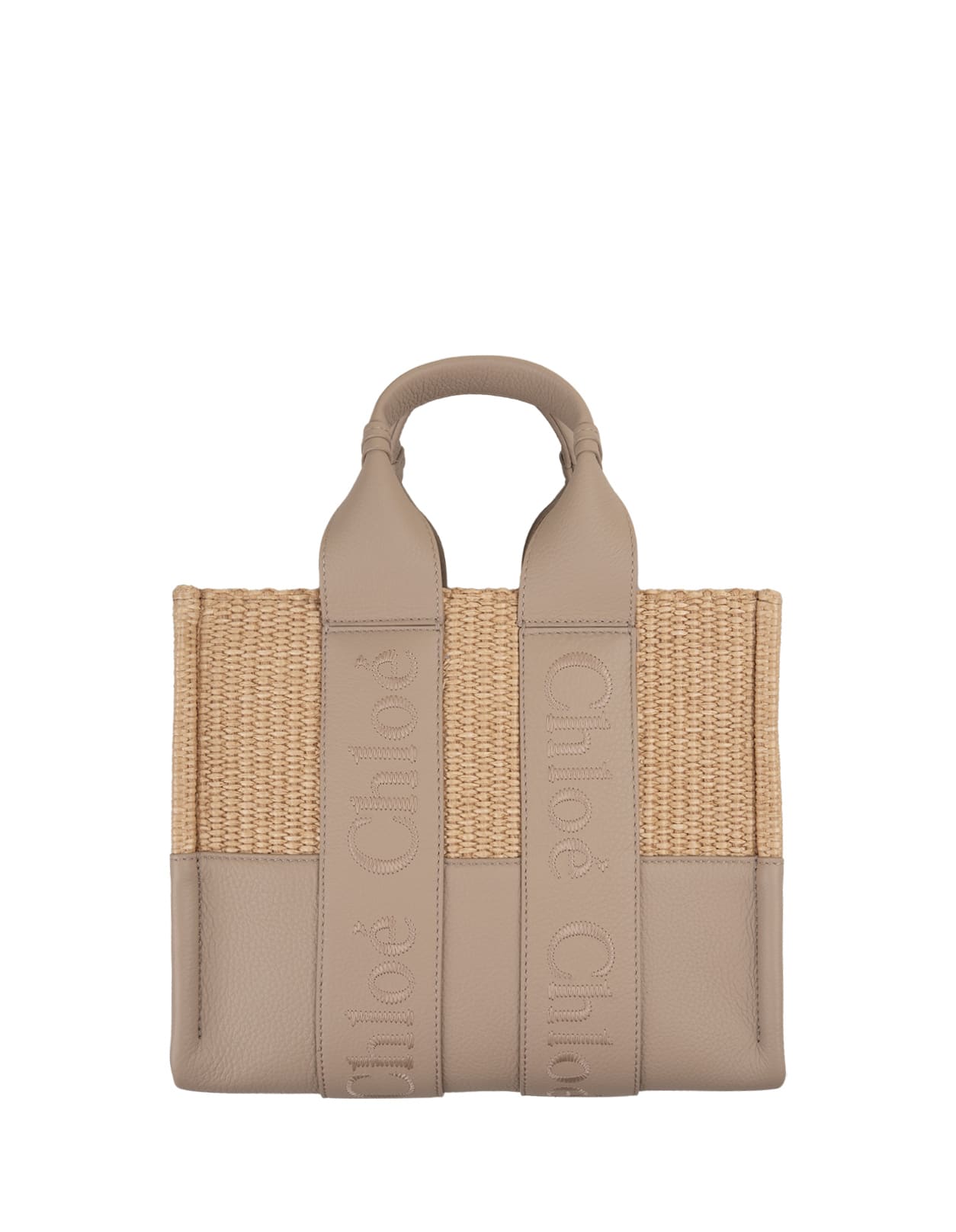 Shop Chloé Woody Small Tote Bag In Leather And Raffia With Embroidered Logo In Grey