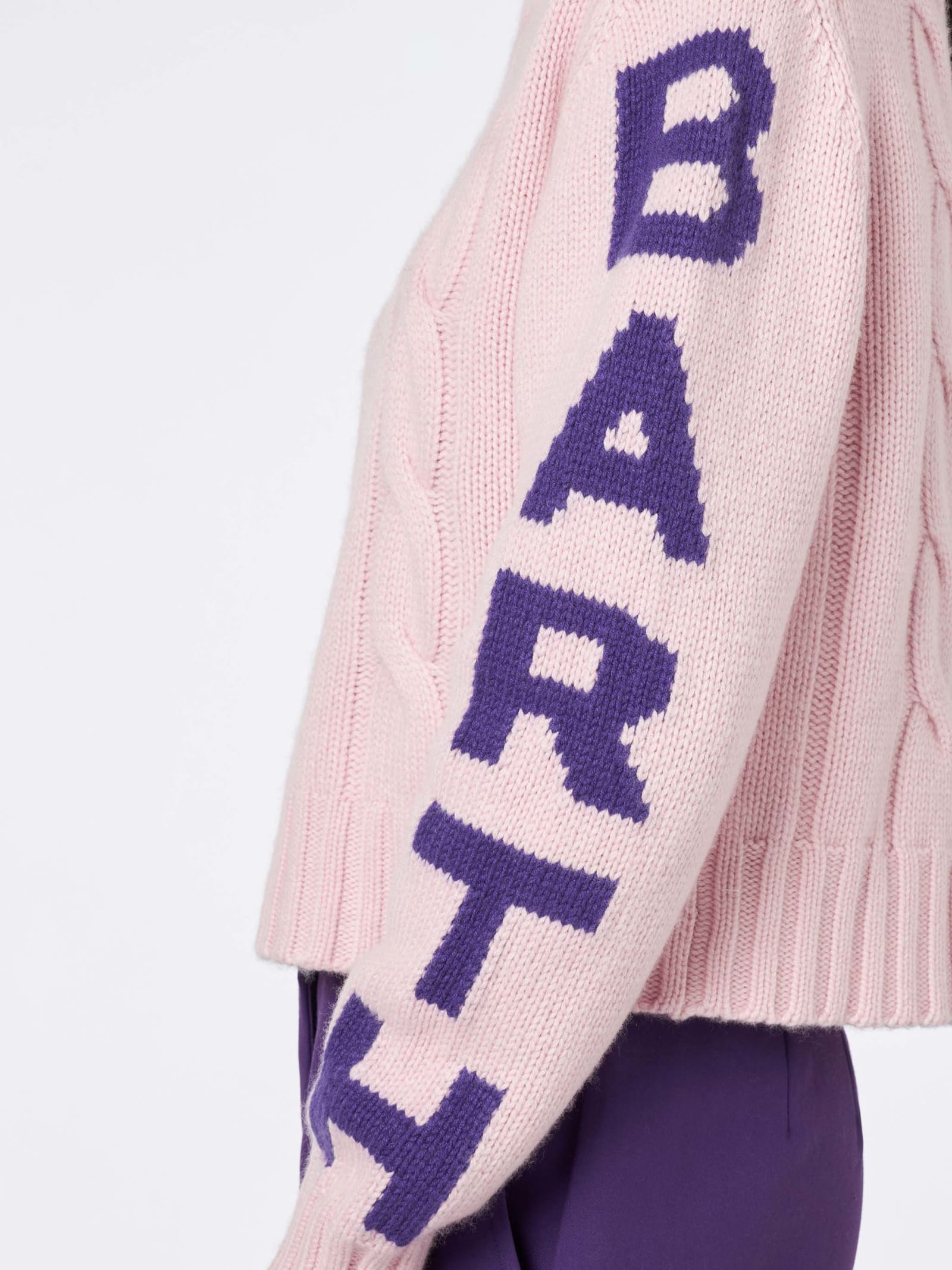 Shop Mc2 Saint Barth Woman Turtleneck Braided Sweater With Saint Barth Jacquard Print In Pink