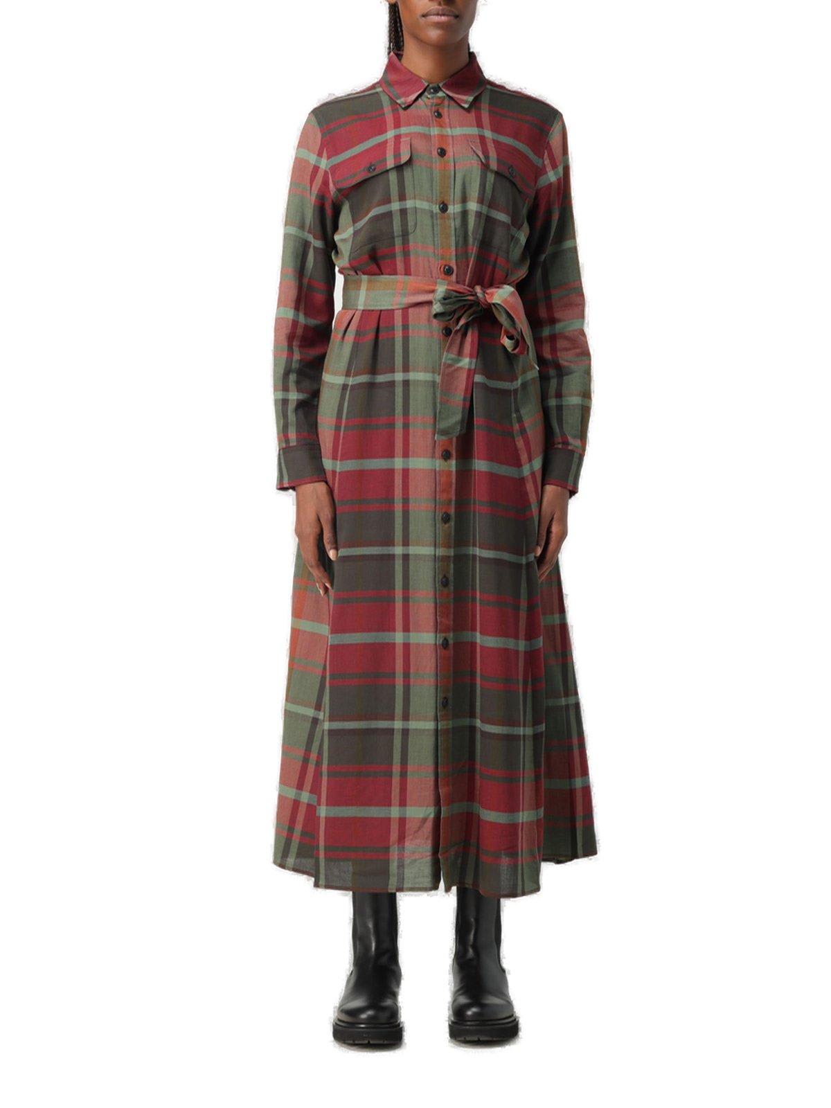Shop Polo Ralph Lauren Plaid Checked Belted Midi Shirt Dress  In Red