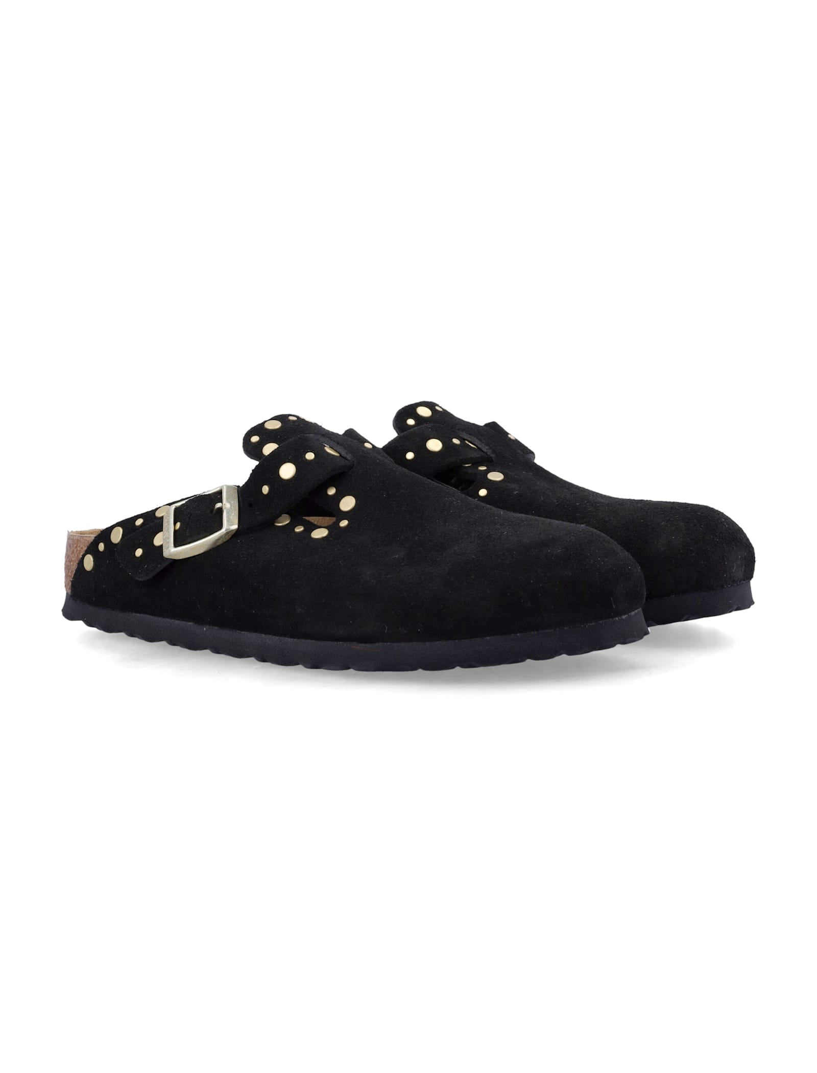 Birkenstock Boston Black Suede Mules With Studs In Black