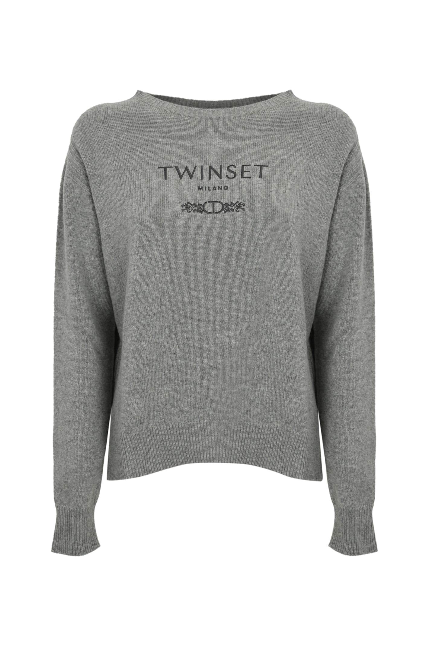 Shop Twinset Wool Blend Logo Sweater In Warm Melange Grey