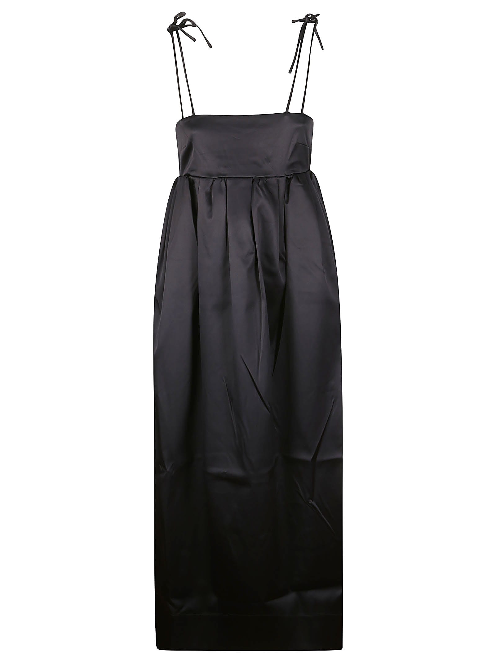 Shop Ganni Double Satin String Long Dress In Black