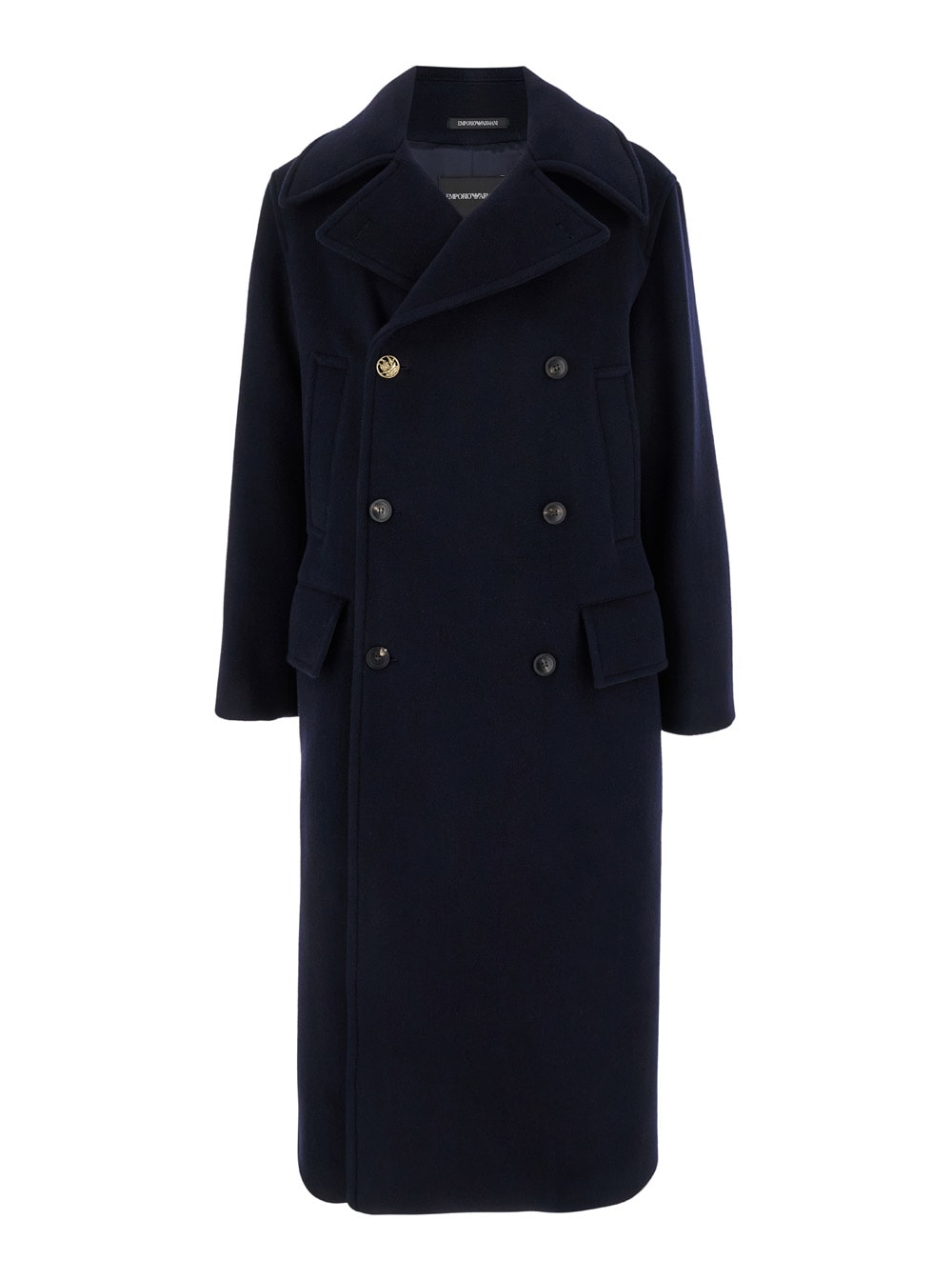 melton Long Blue Double-breasted Coat With Jewel Button In Wool Man