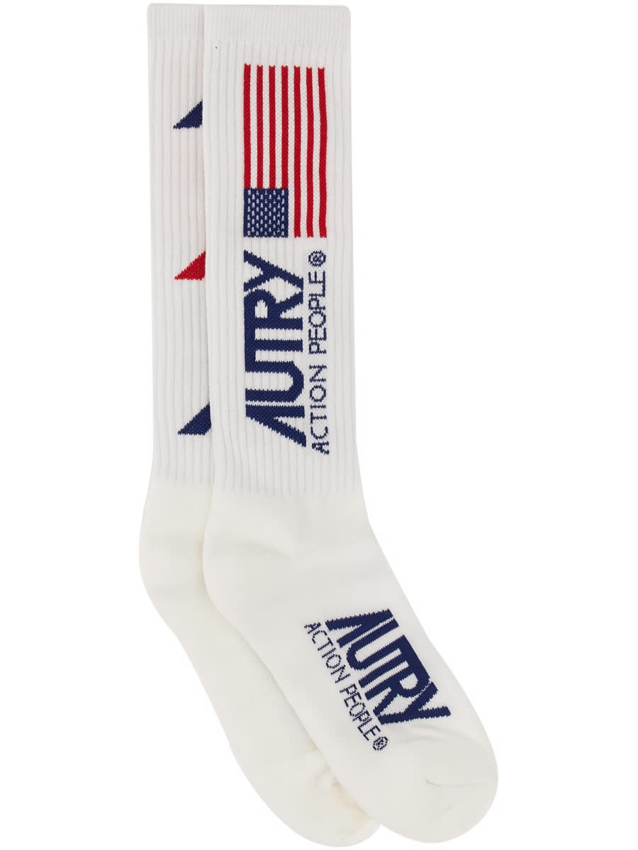 Autry Sock With Logo In Bianco Rosso Blu