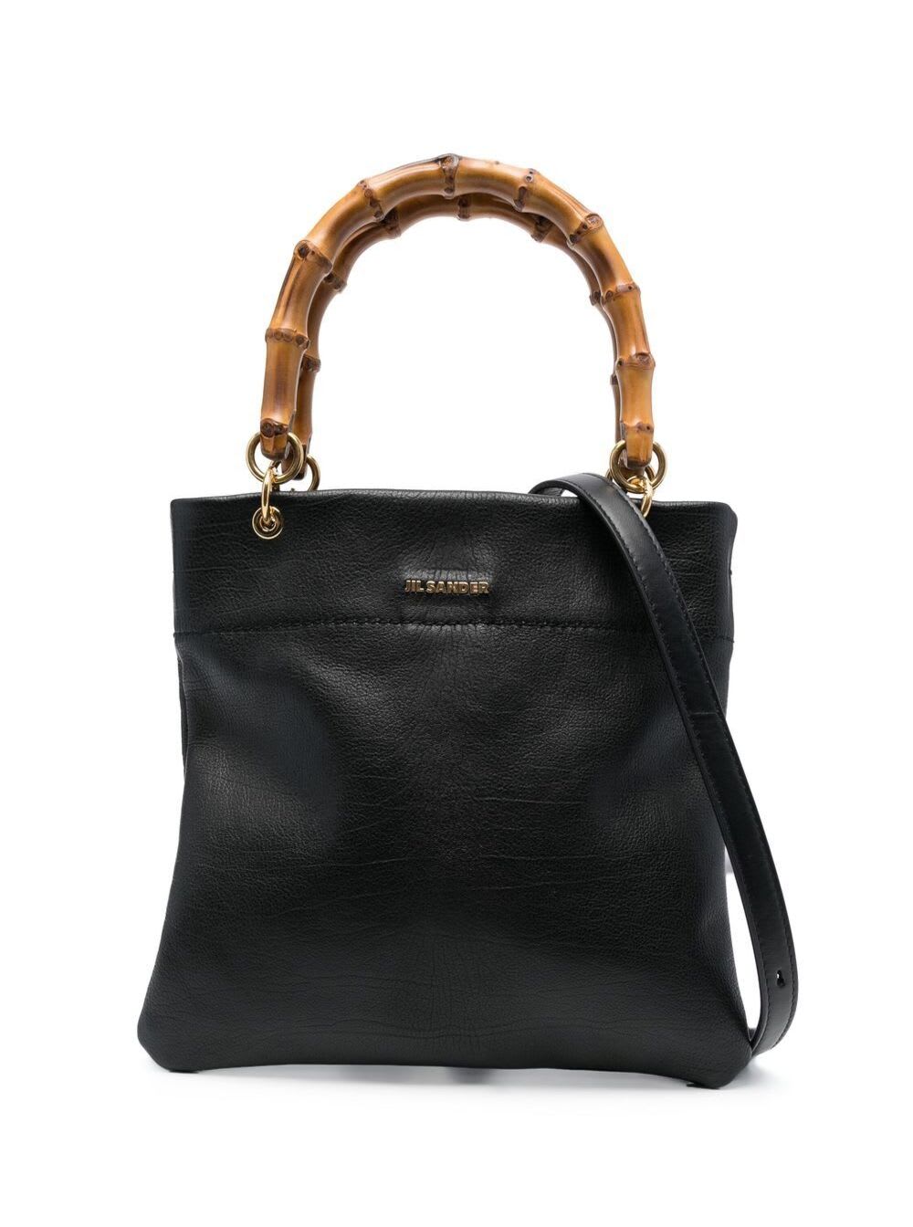 Shop Jil Sander Small Black Tote Bag With Bamboo Handles In Leather Woman