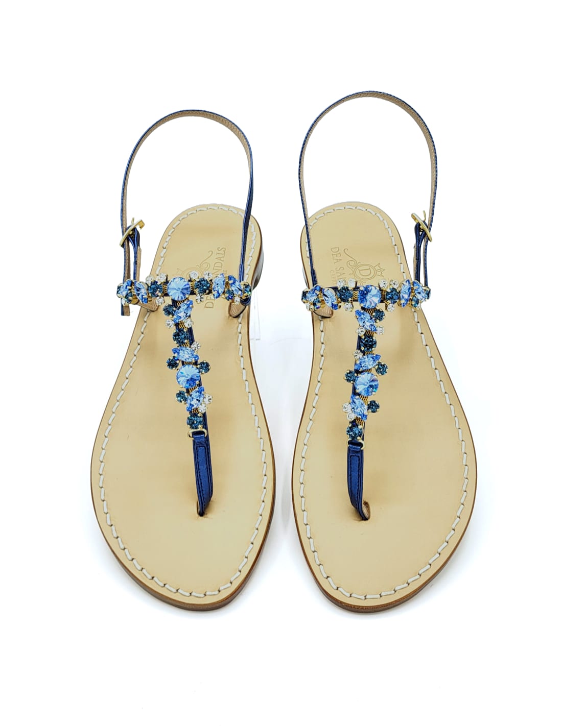 Dea Sandals Navy Blue Licampi Jewel Sandals In Navy Blue Laminated, Light Blue, Blue, Crystals