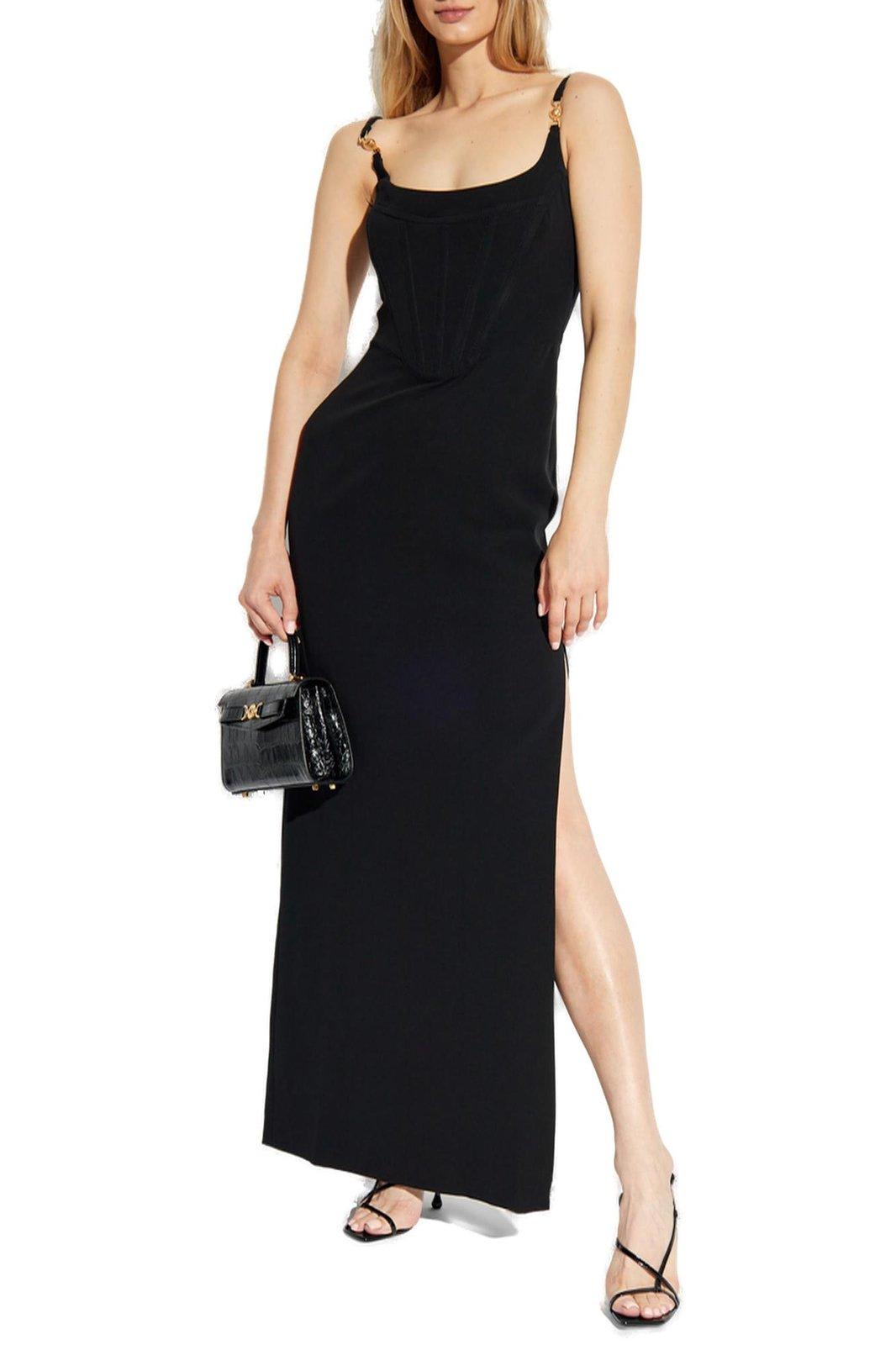 Shop Versace Spaghetti Strap Slit-detailed Dress In Black