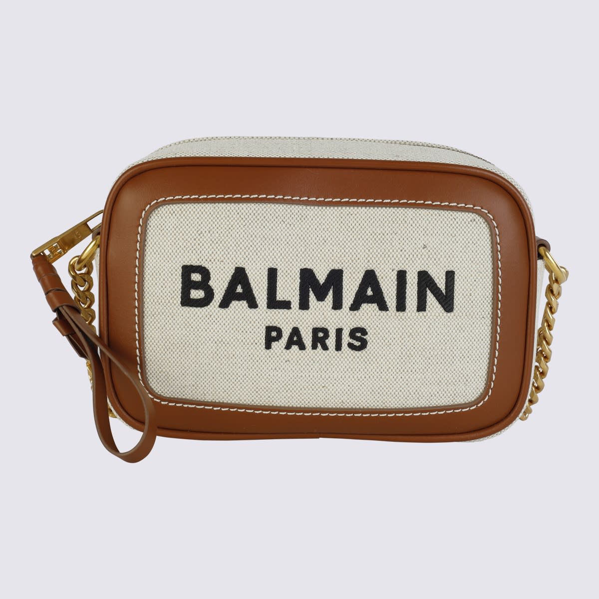 Shop Balmain Beige Canvas And Brown Leather Crossbody Bag In Naturel/marron