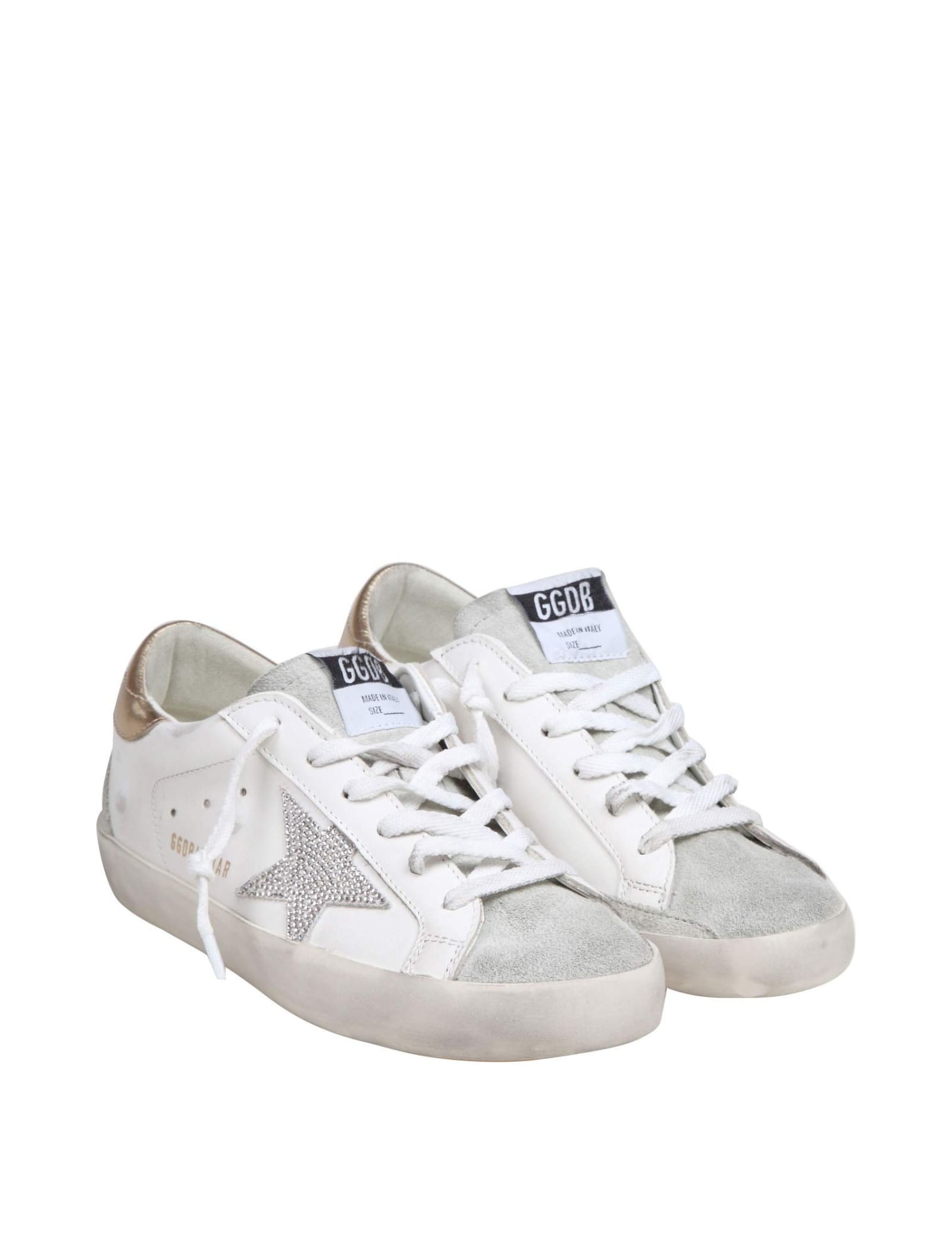 Shop Golden Goose Super Star Sneakers In Leather And Suede With Crystal In White/crystal