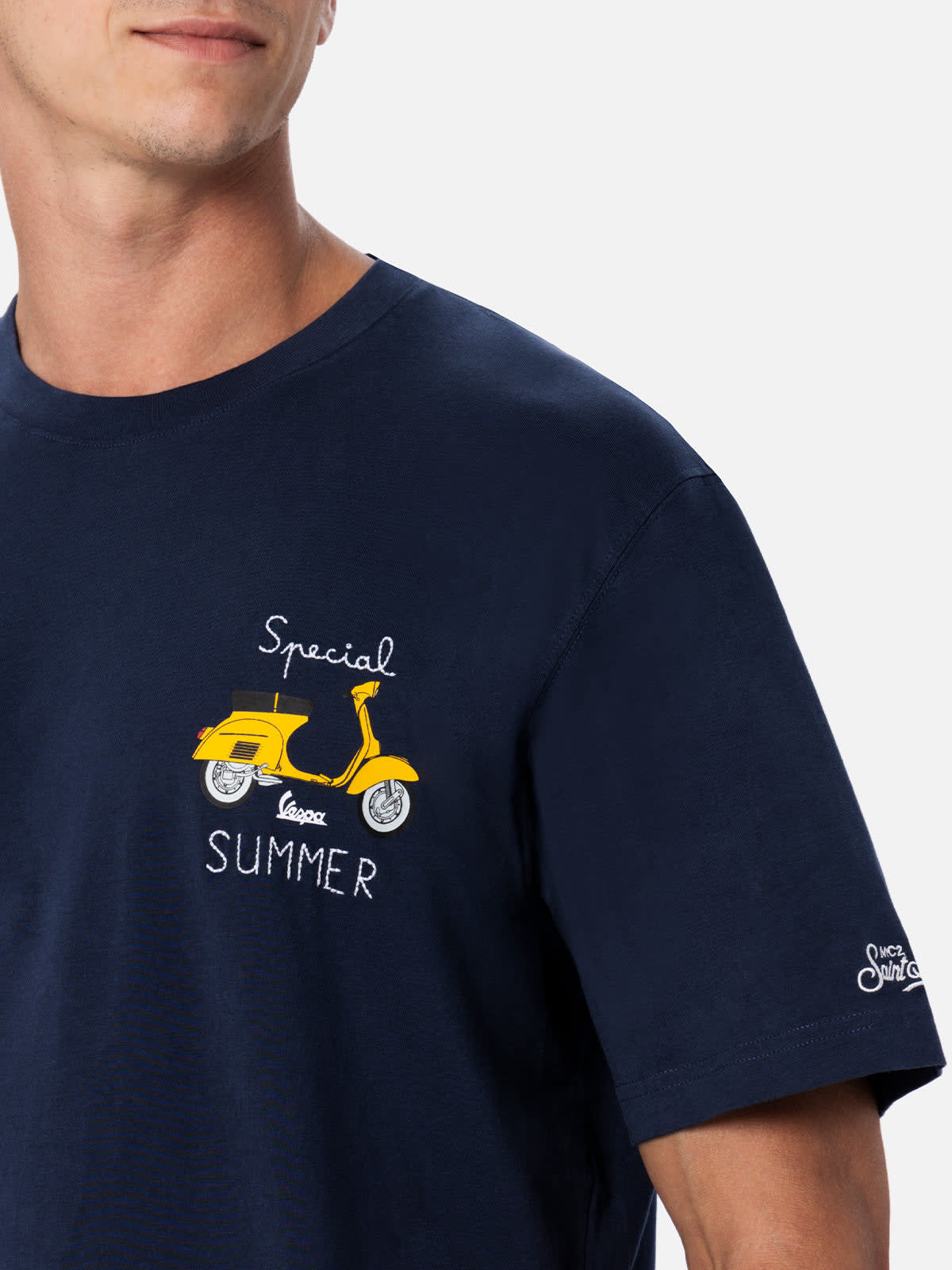 Shop Mc2 Saint Barth Man T-shirt With Vespa Placed Print And Embroidery Vespa Special Edition In Blue