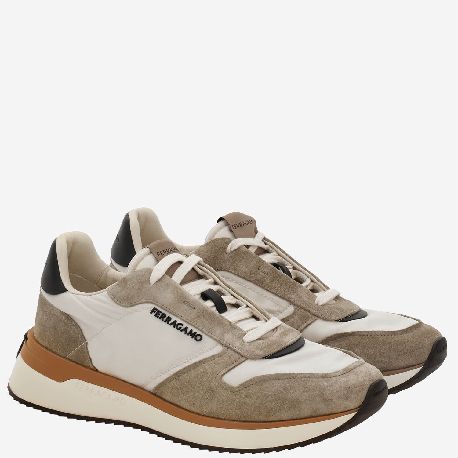 Ferragamo Leather And Fabric Sneakers With Side Logo In Neutral