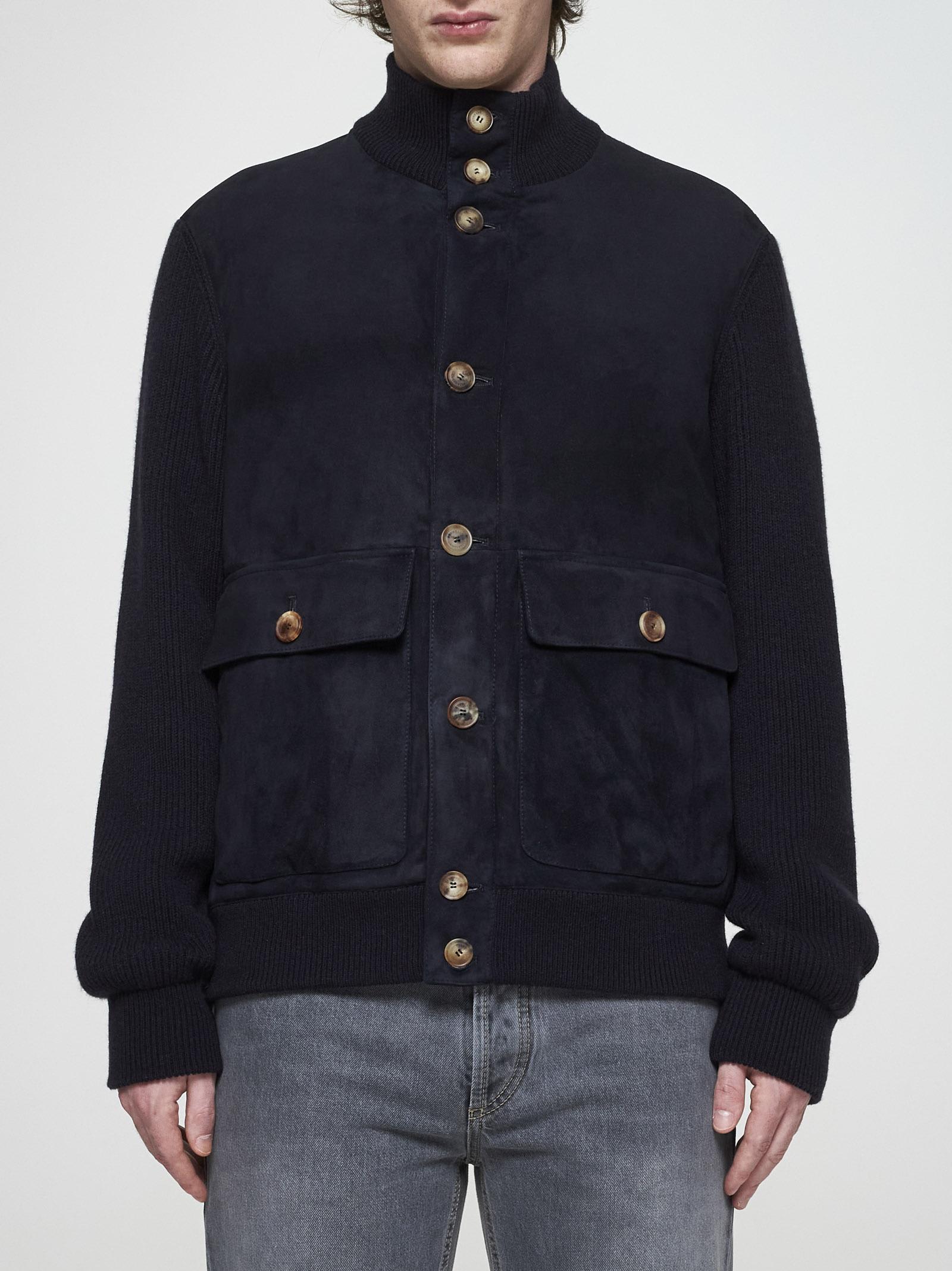 Shop Brunello Cucinelli Suede And Knit Bomber Jacket In Blue