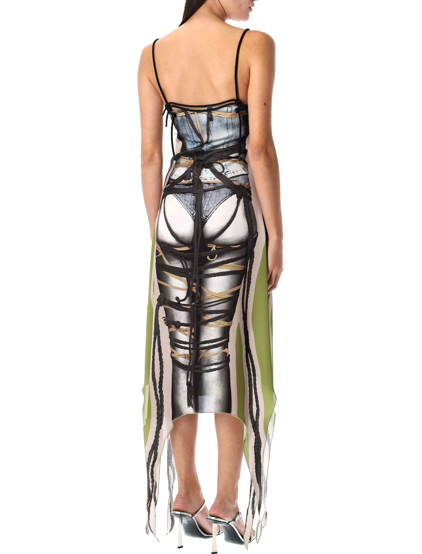 Y/project Bondage Print Dress Sheer Panels In Taupe Green