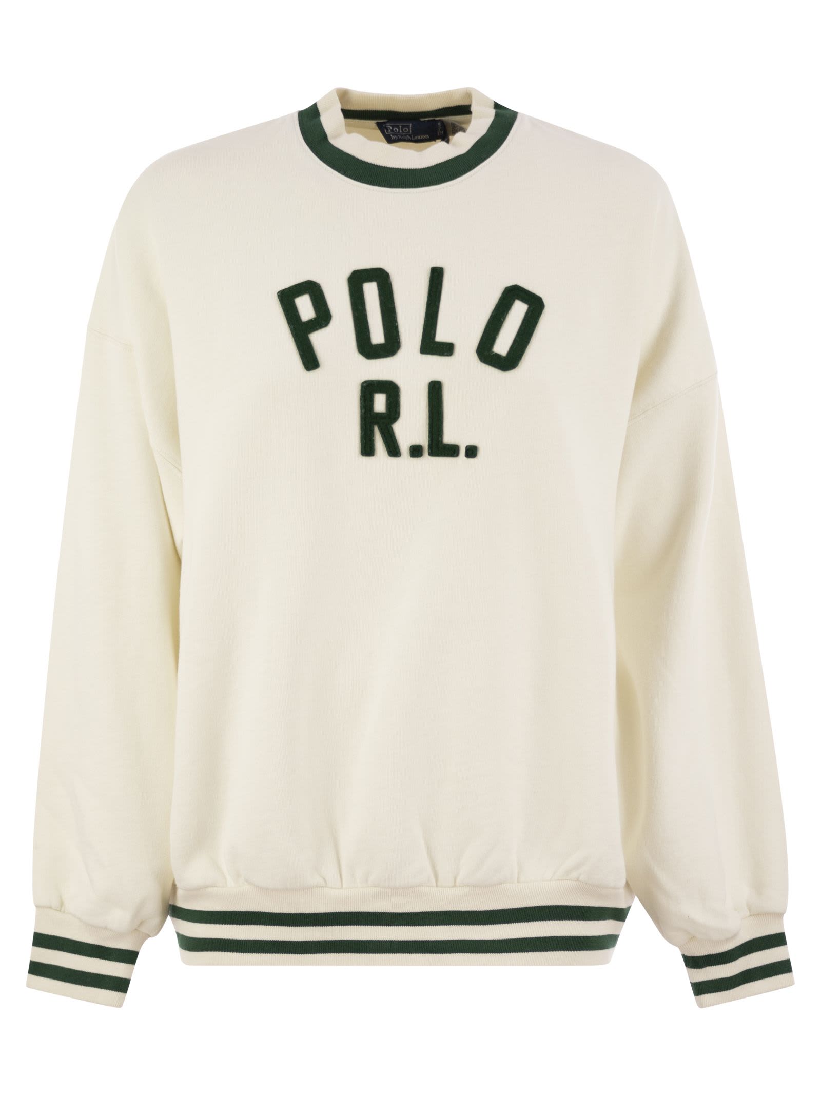 Shop Polo Ralph Lauren Cotton Blend Sweatshirt With Logo In White/green