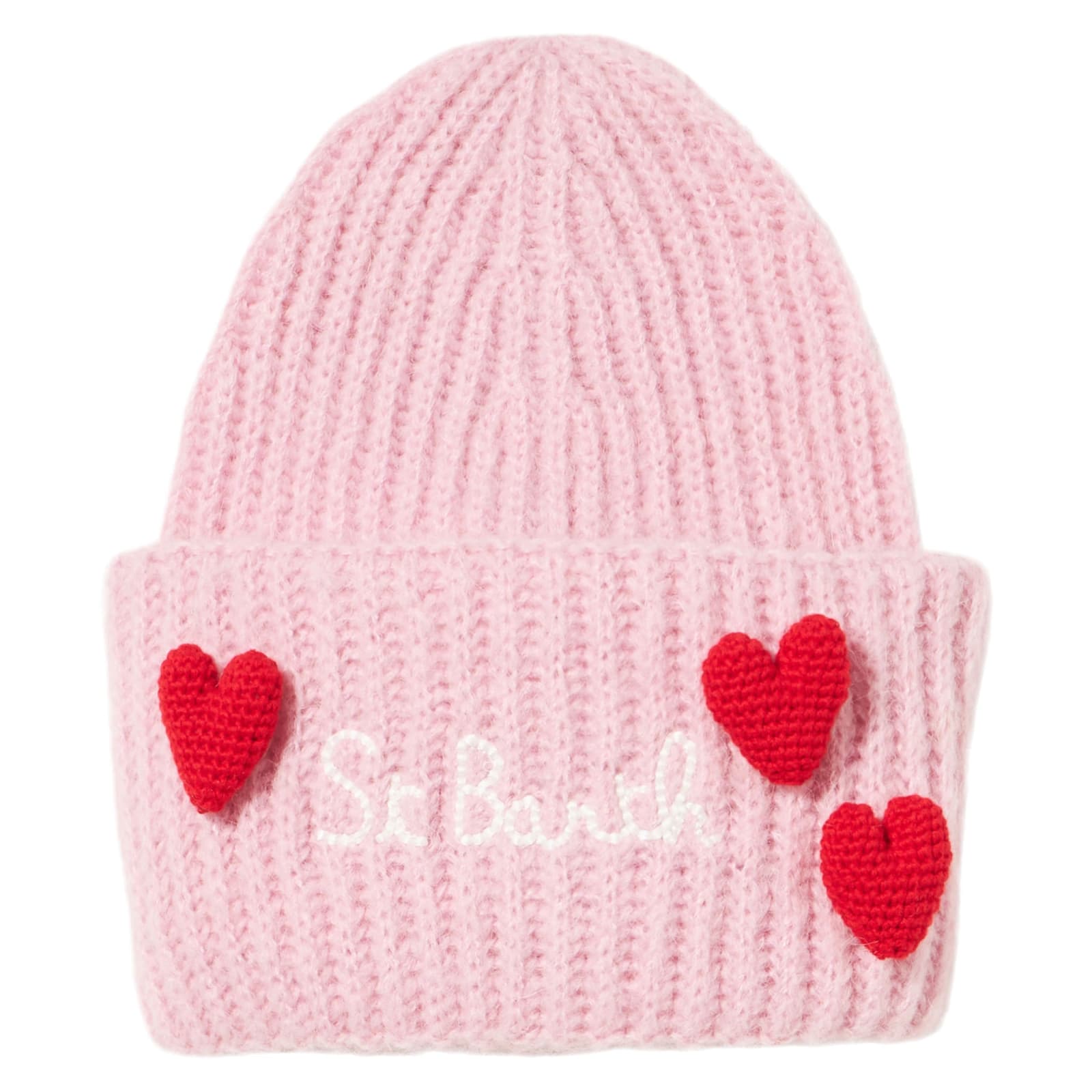 Shop Mc2 Saint Barth Girl Brushed And Ultra Soft Beanie With Hearts Appliqués In Pink