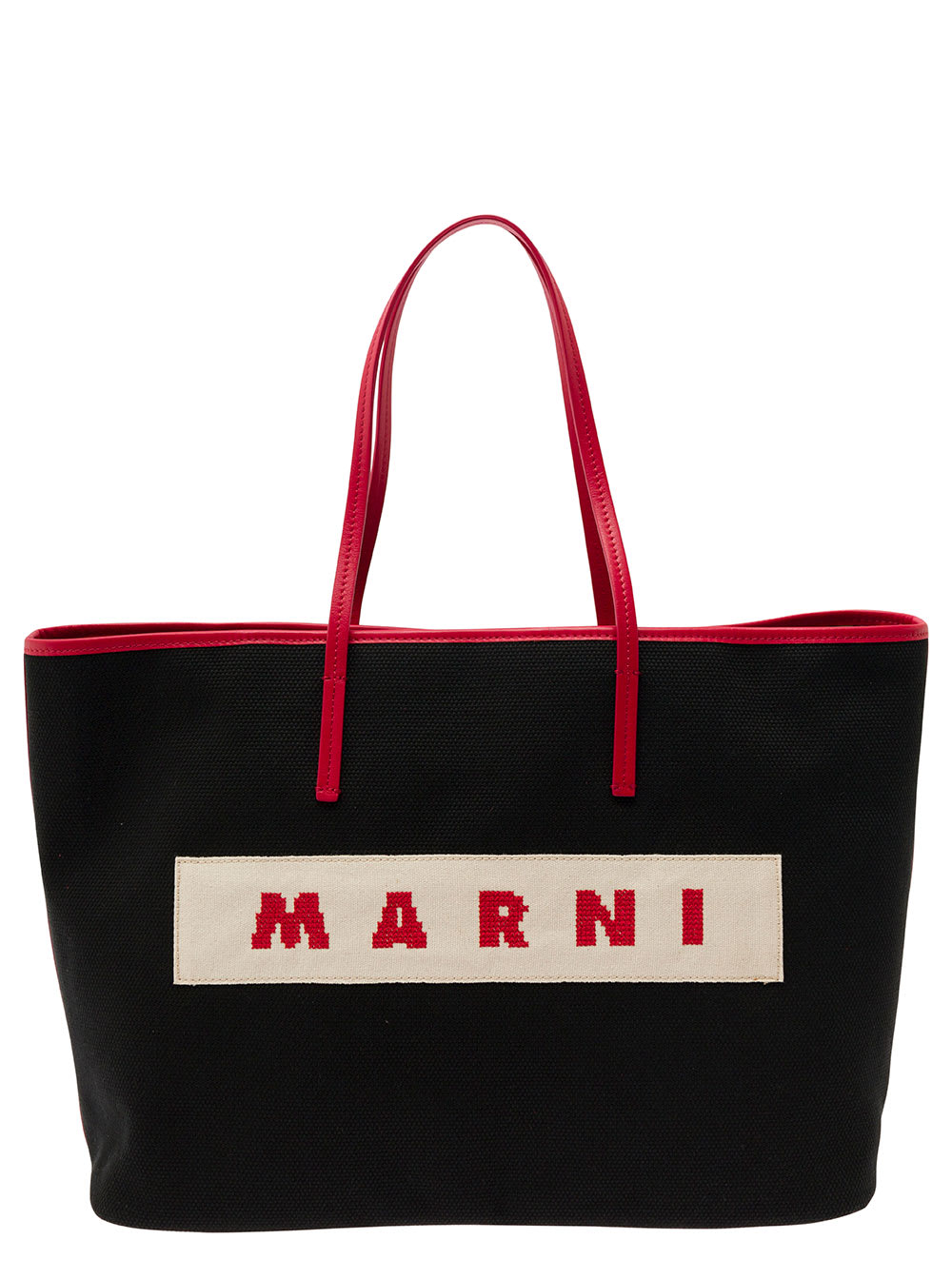 Marni Small Janus Black Tote Bag With Logo Patch In Cotton Woman