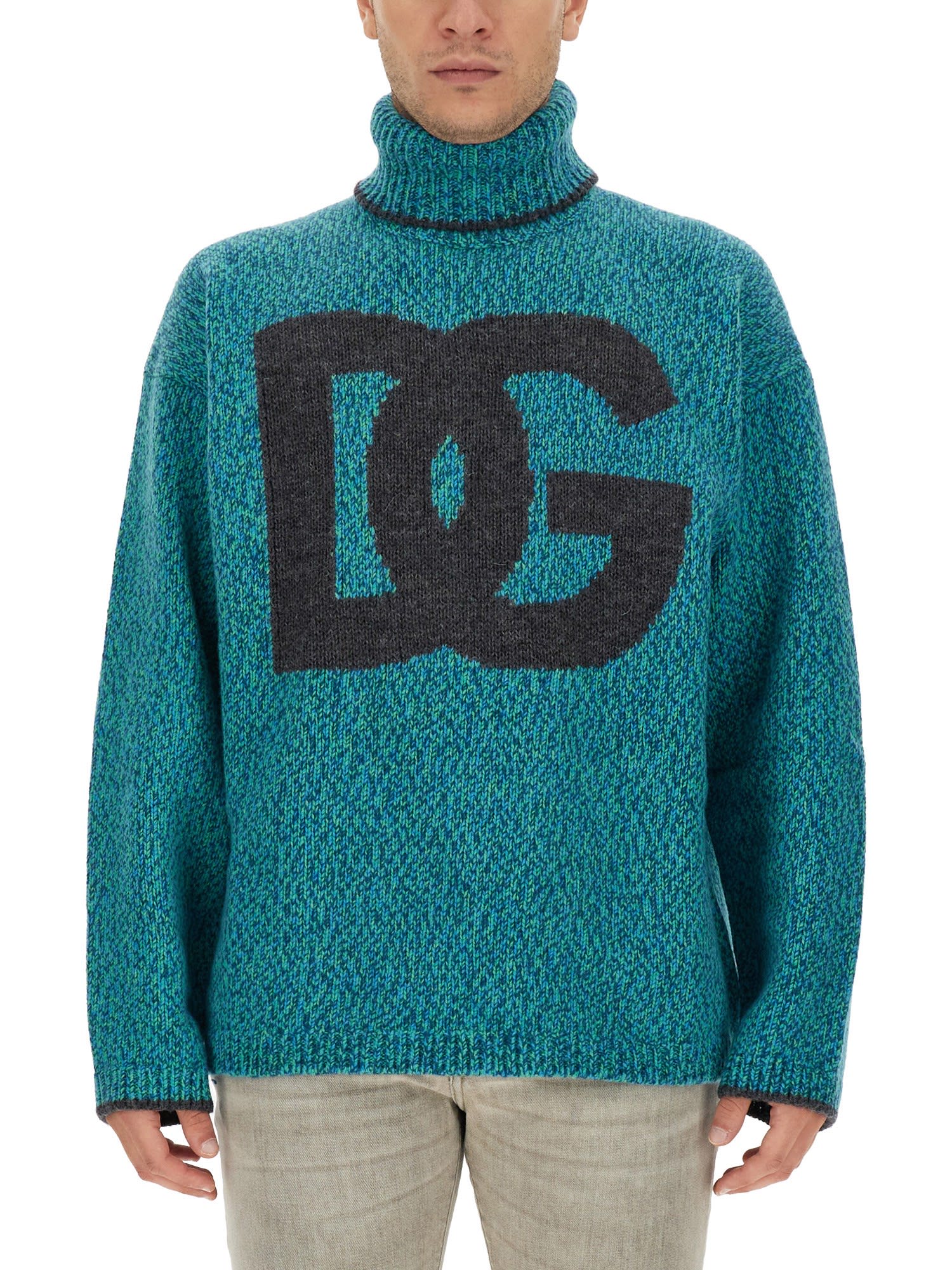Dolce & Gabbana Intarsia Knit Dg Logo High-neck Sweater In Green