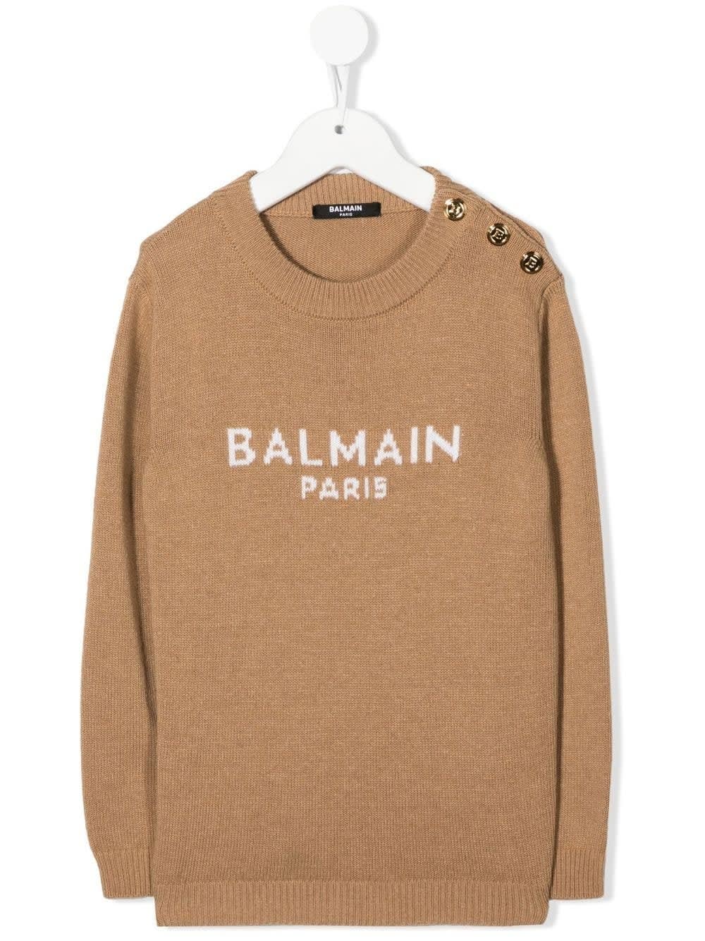 Balmain Kids Beige Pullover With White Logo And Golden Embossed Buttons
